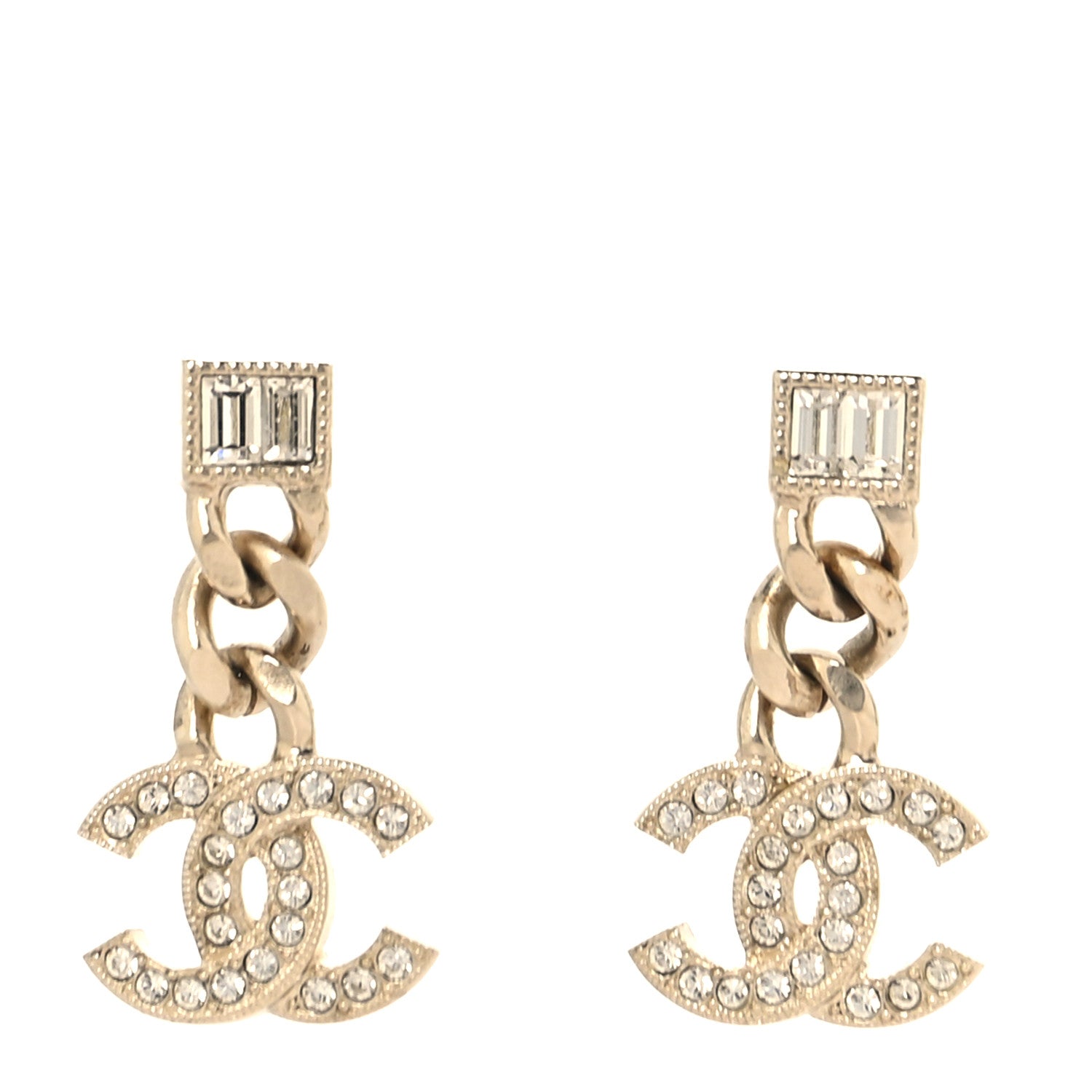 Metal Crystal Baguette CC Chain Drop Earrings Gold