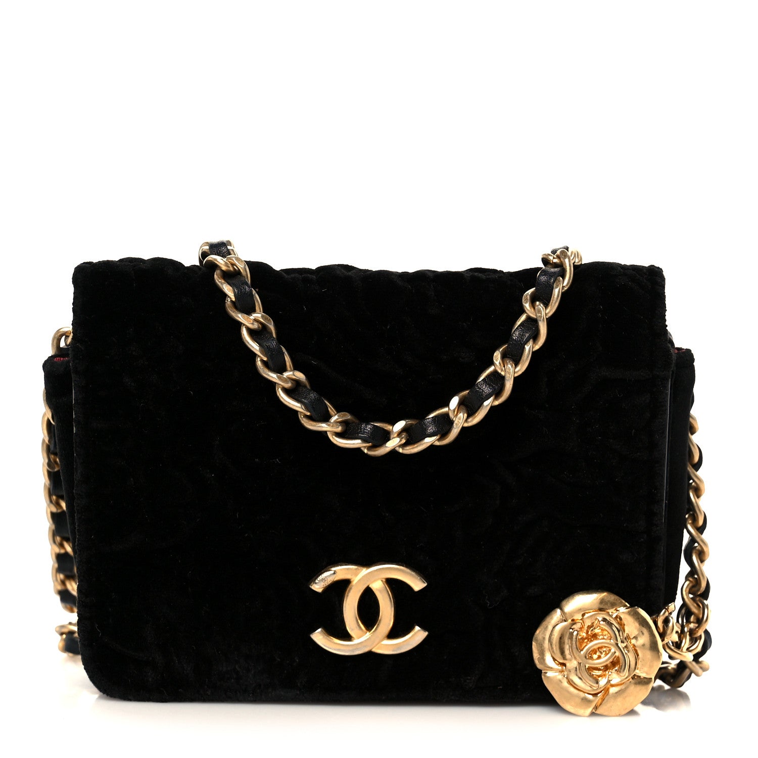 Velvet Quilted Camellia Velvet Flap Coin Purse With Chain Black