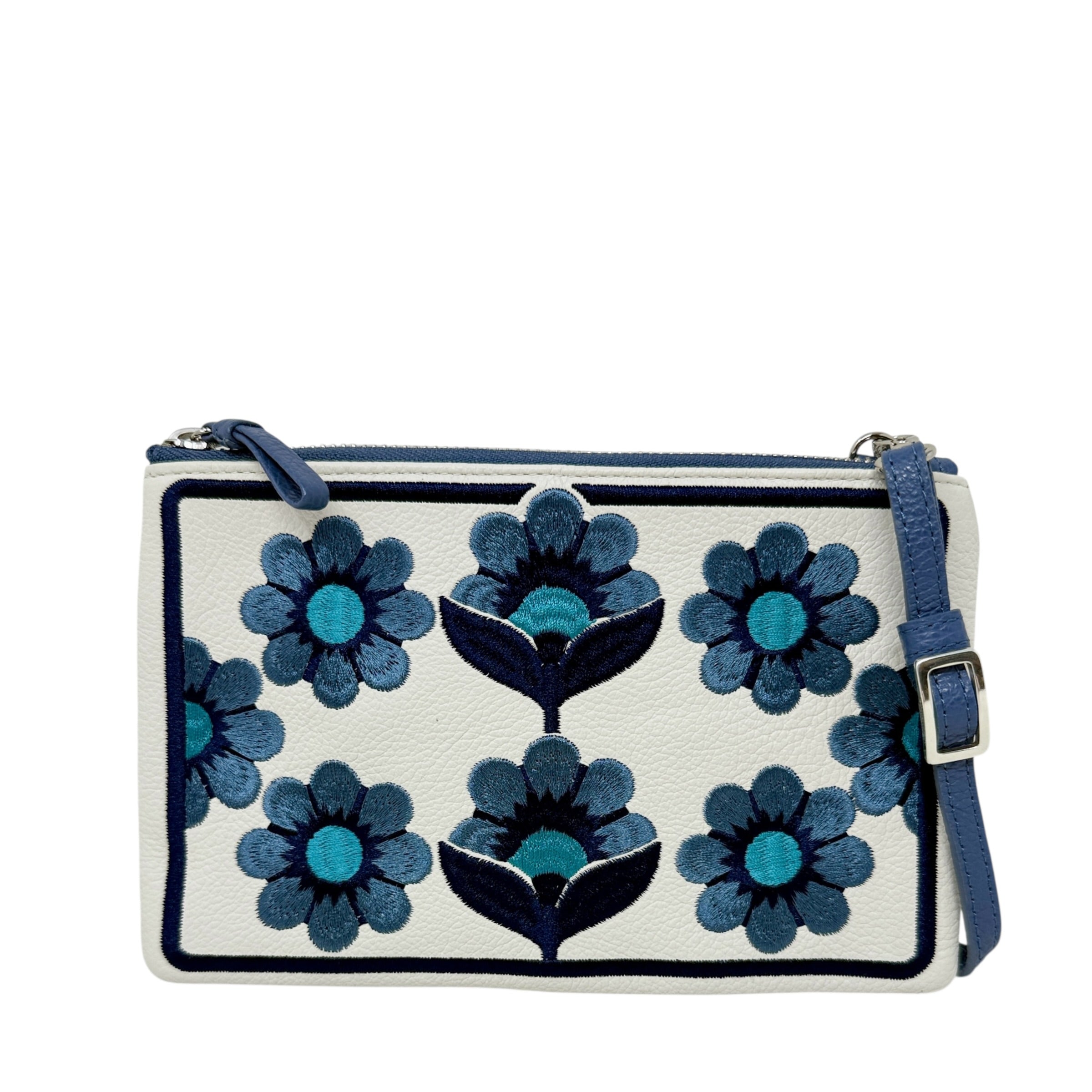 Blue Print Floral Embroidered Leather Crossbody By Brighton, Size: Small
