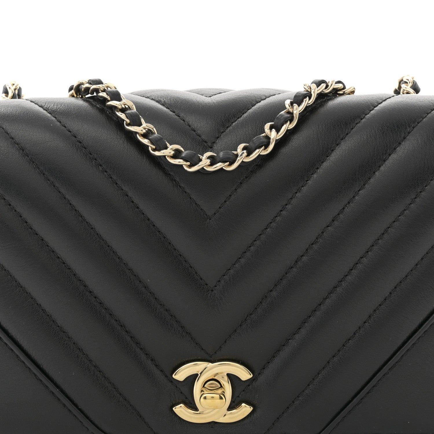 Calfskin Chevron Quilted Mini Statement Flap Black