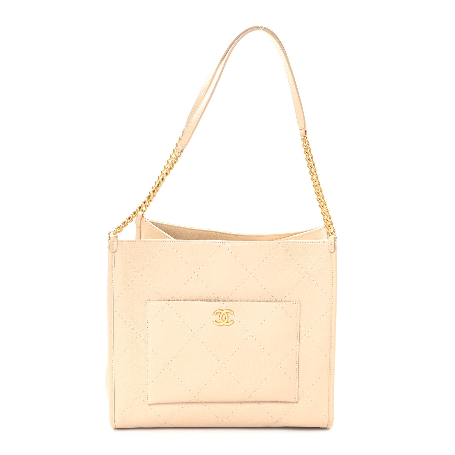 Caviar Stitched Pocket CC Large Tote Light Beige