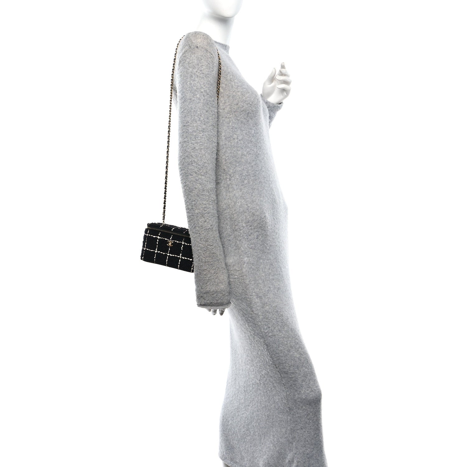 Tweed Pearl Crush Small Vanity Case With Chain  Black White