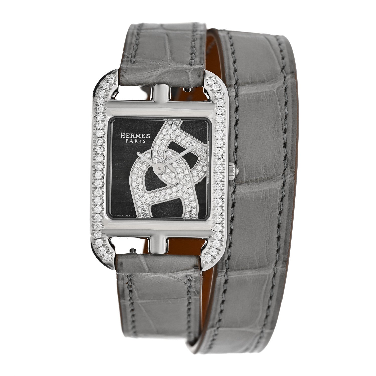 Stainless Steel Alligator Diamond Bezel 23mm Cape Cod Double Tour Chaine d'Ancre Joaillier Quartz Watch Gris Perle