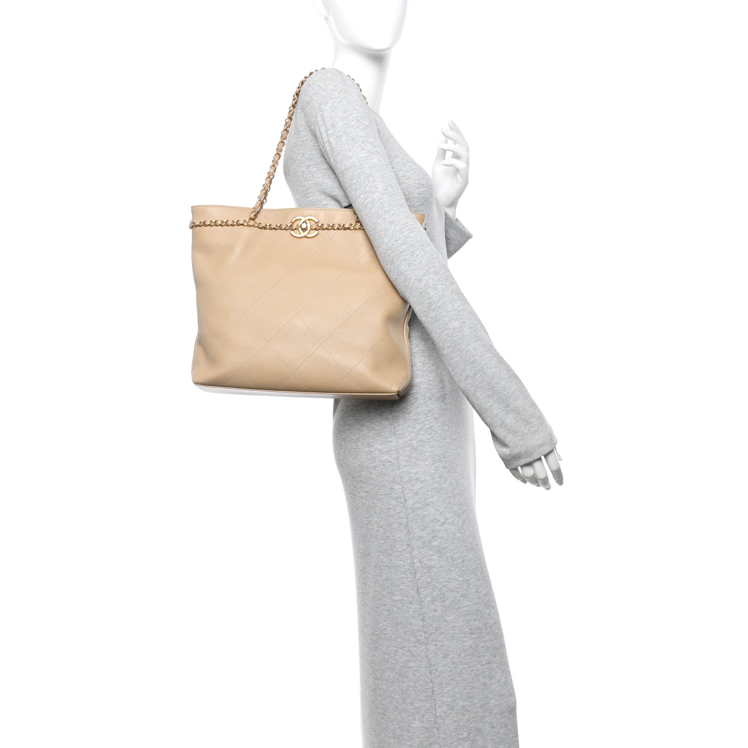 Calfskin Stitched Small Shopping Tote Dark Beige