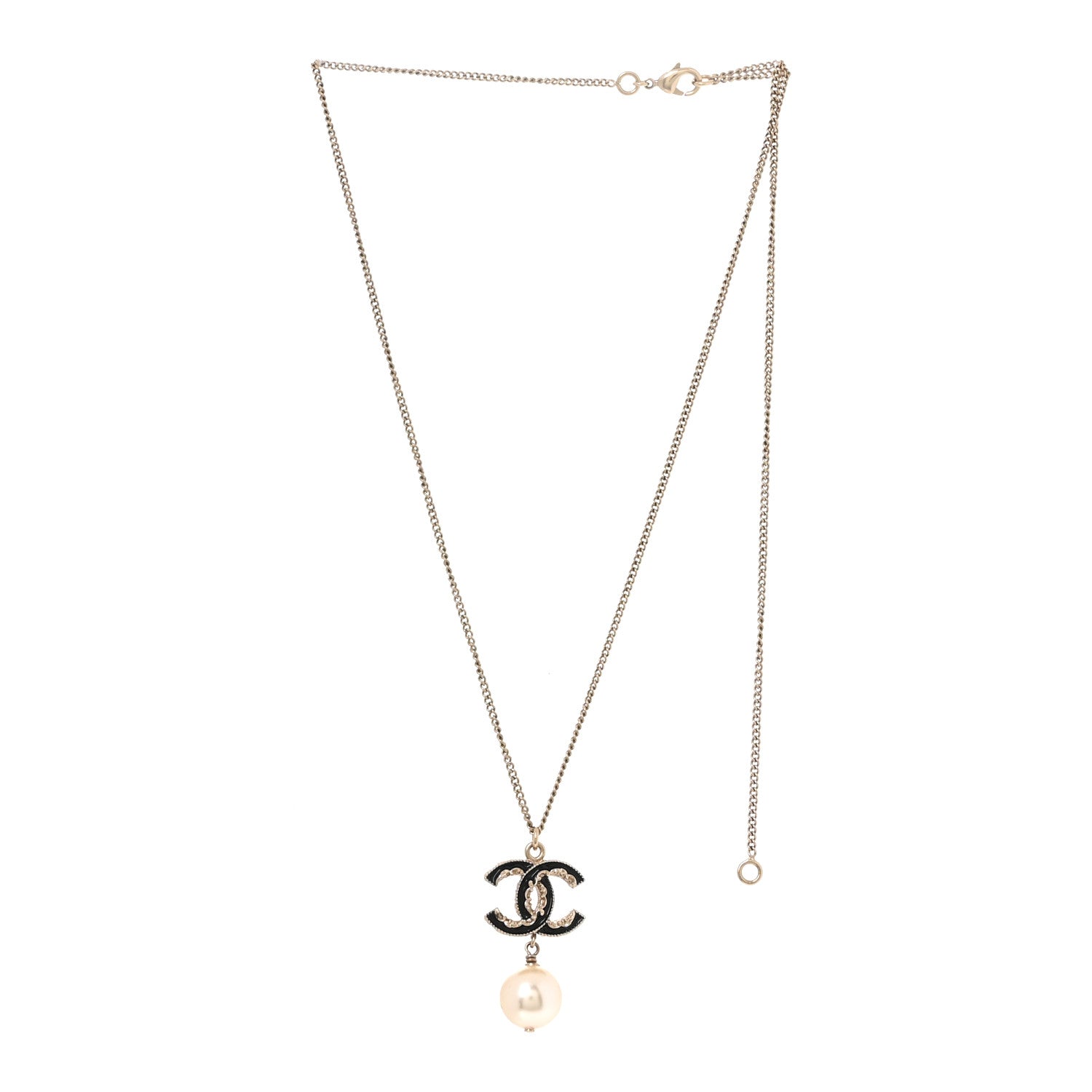 Enamel Pearl CC Baroque Drop Necklace Black Gold