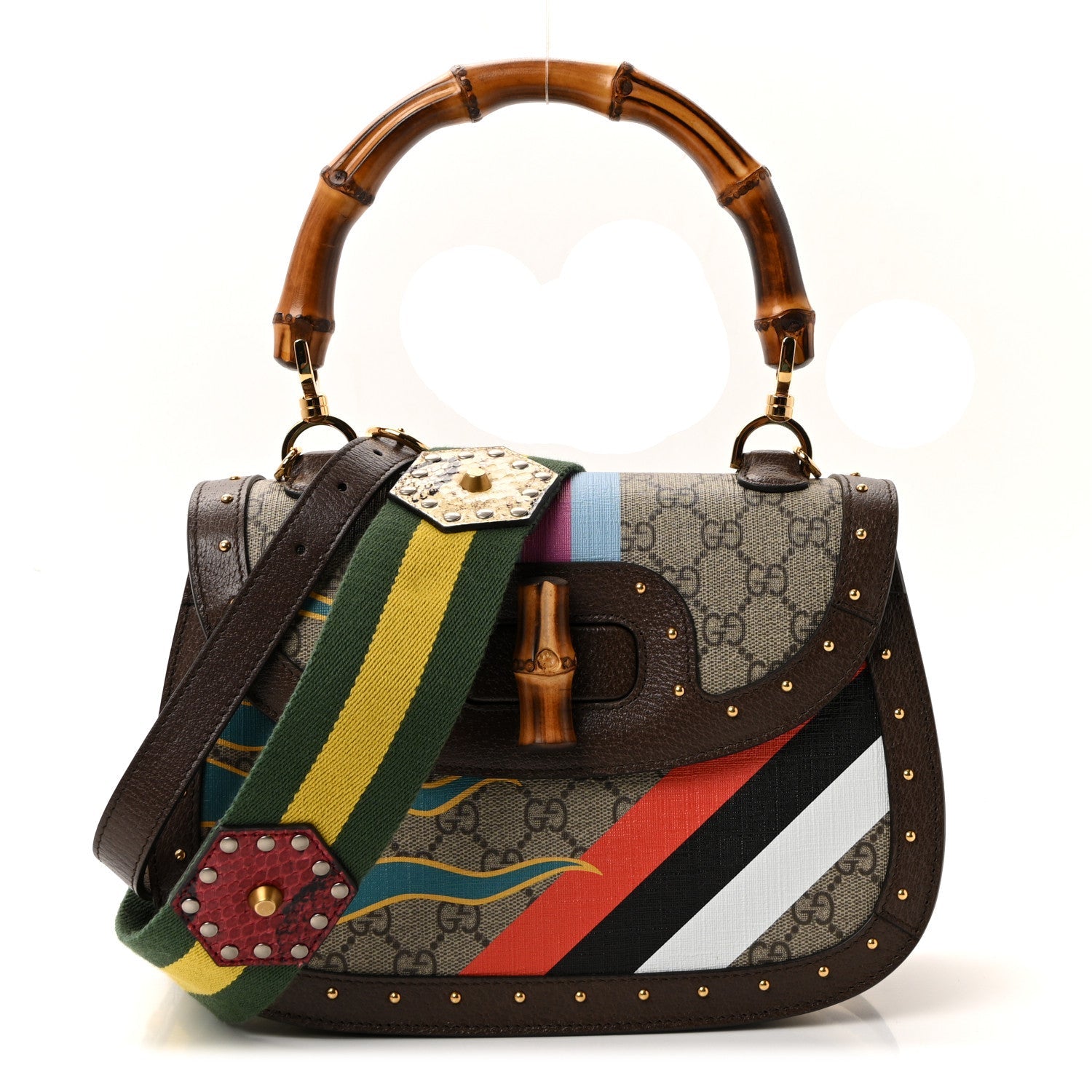 GG Supreme Monogram Studded Calfskin 100 Centennial Geometric Medium Bamboo 1947 Top Handle Bag Beige Ebony Multicolor