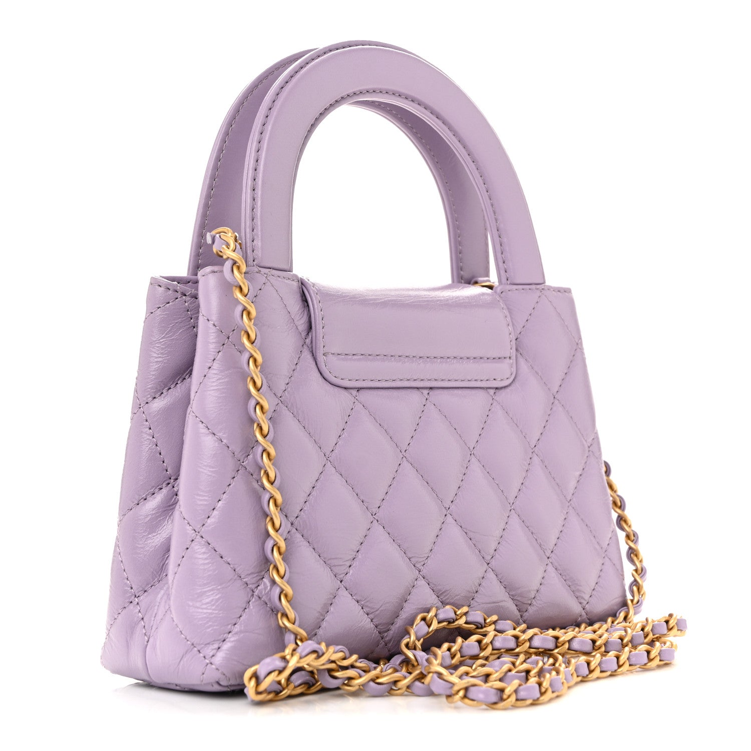 Shiny Aged Calfskin Quilted Nano Kelly Shopper Lilac