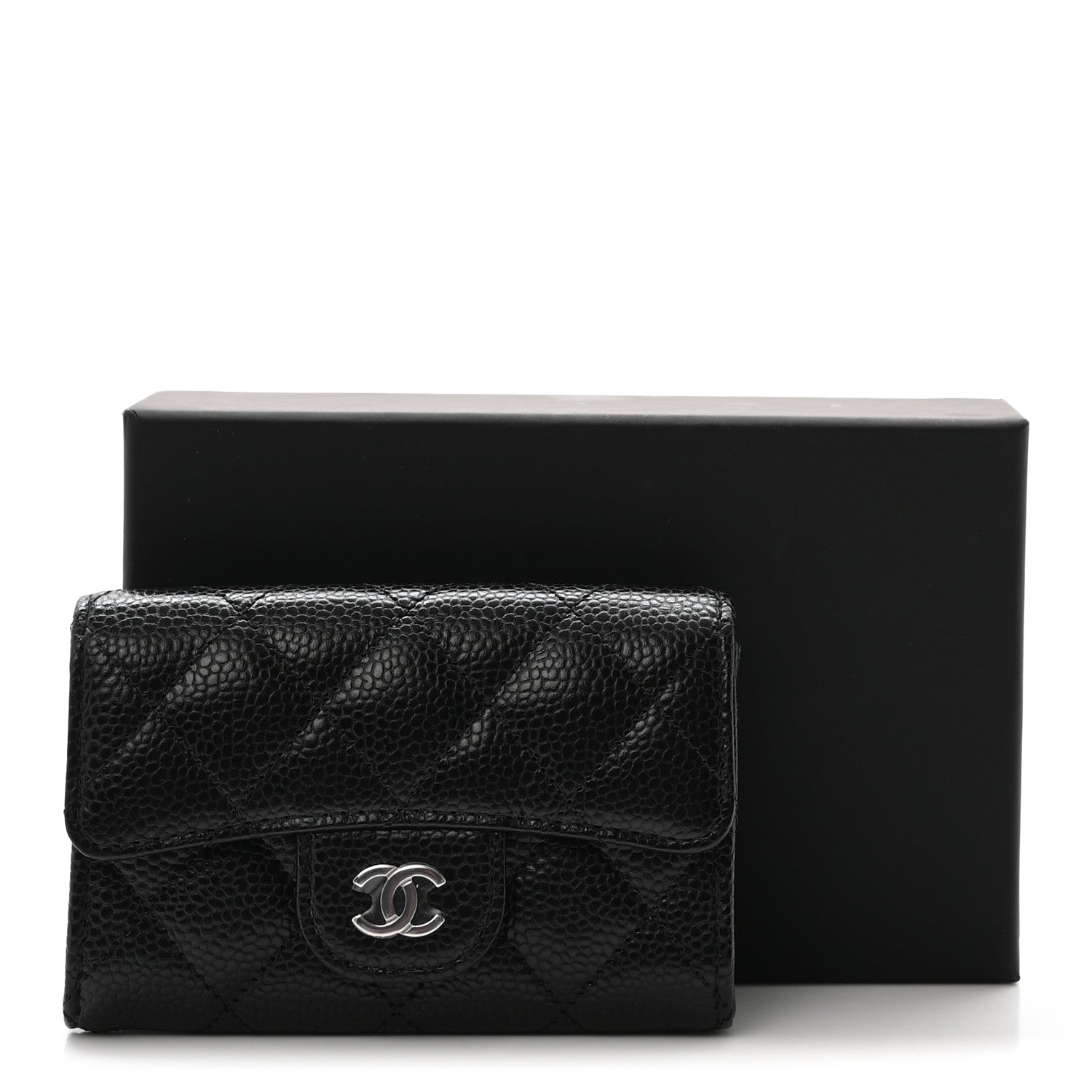 Caviar Quilted Flap Card Holder Wallet Black