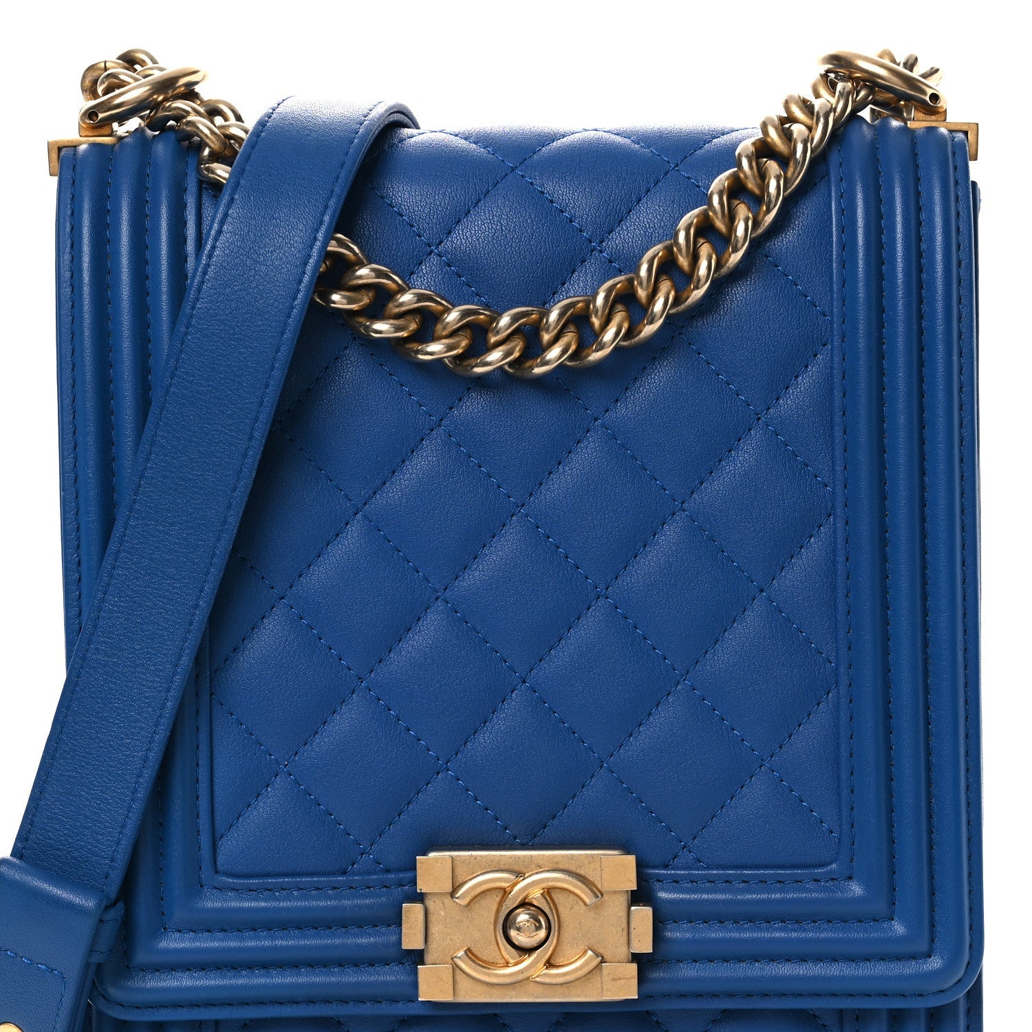 Calfskin Quilted North South Boy Flap Blue