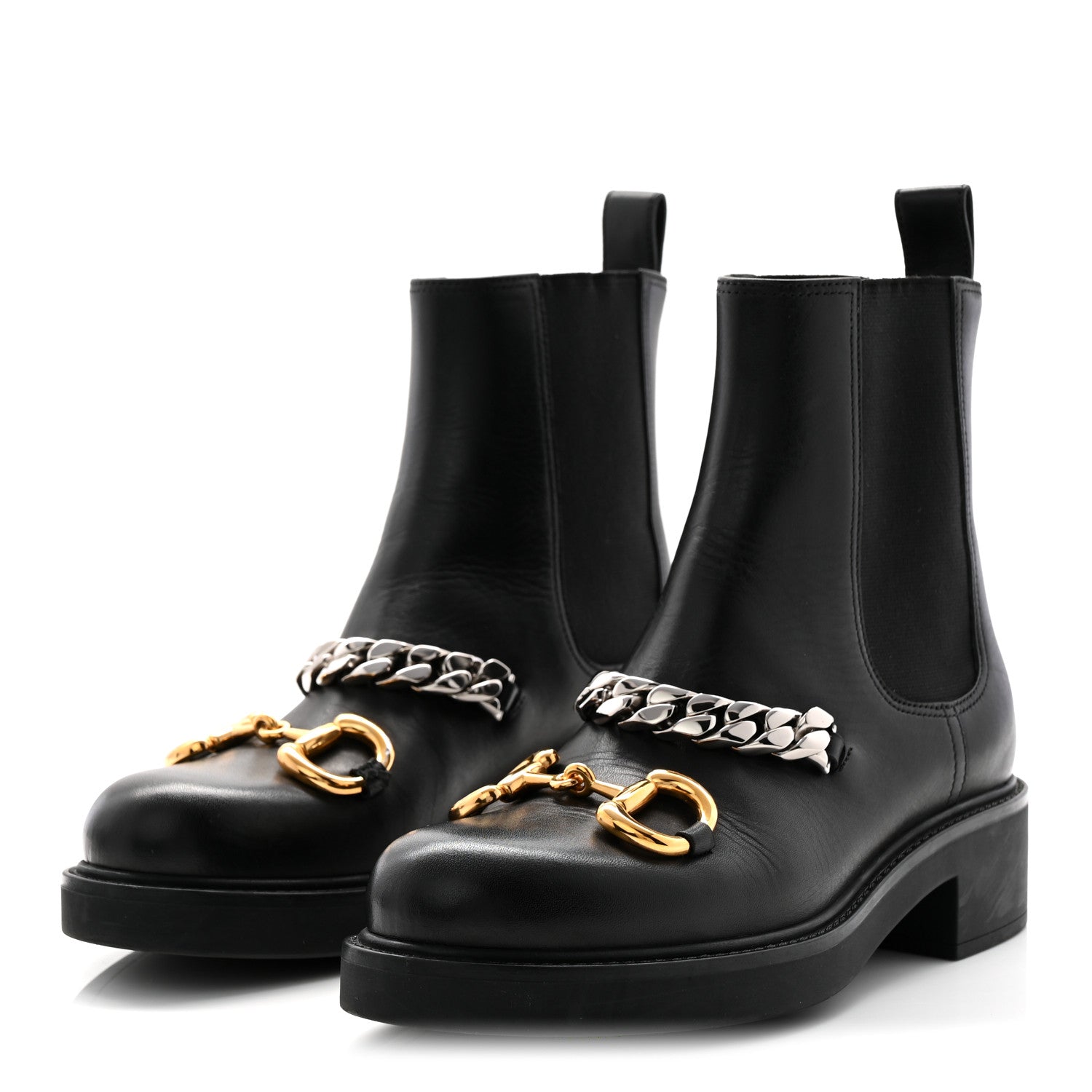 Flores Calfskin Horsebit Chain Ankle Boots 35.5 Black