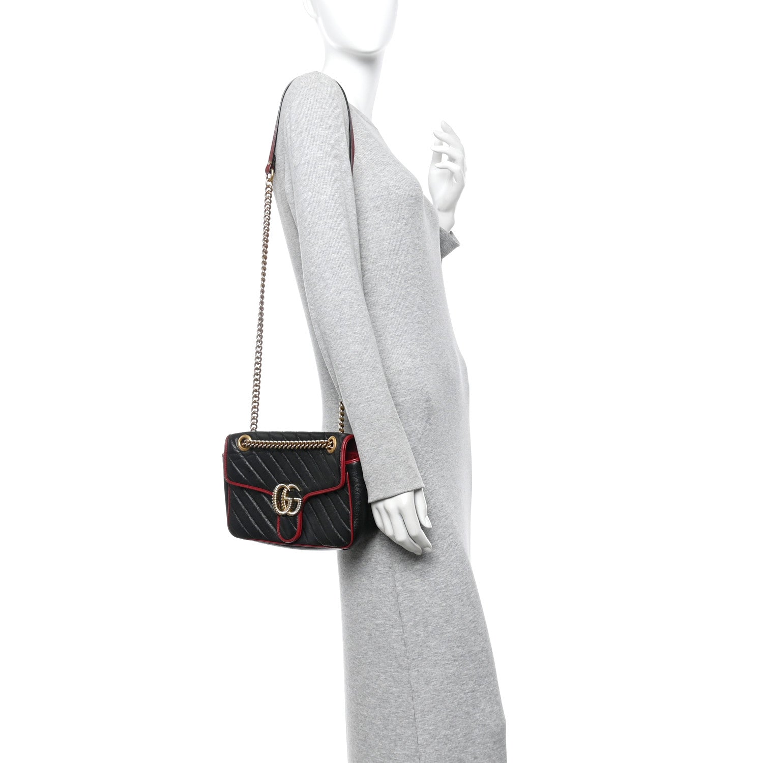 Vintage Effect Calfskin Matelasse Diagonal Small Torchon GG Marmont Shoulder Bag Black Romantic Cherry