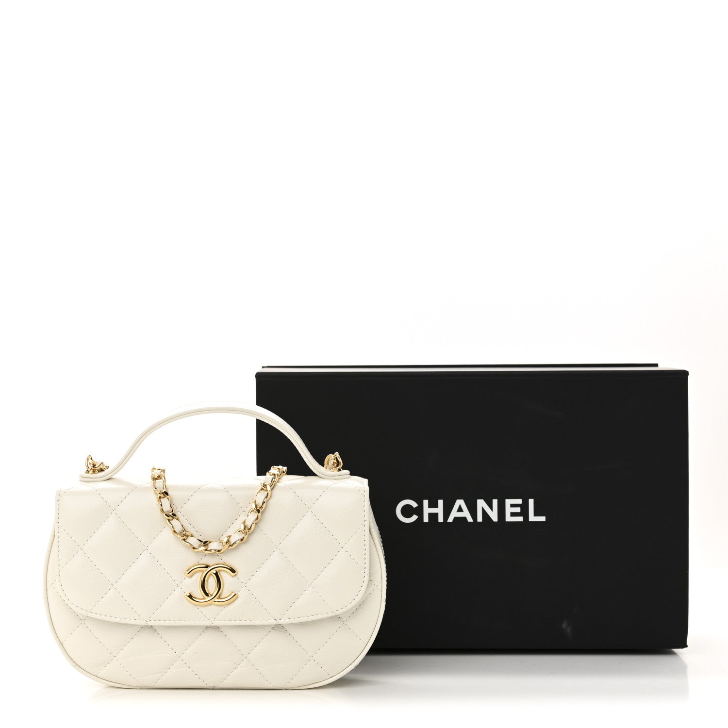 Shiny Aged Calfskin Quilted Top Handle Clutch With Chain White