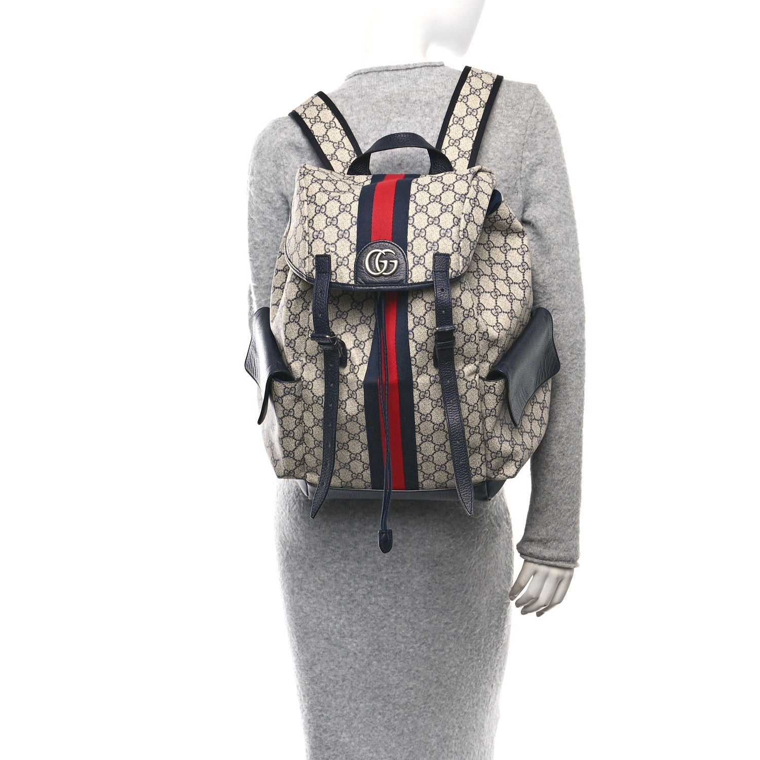GG Supreme Monogram Medium Ophidia Double Buckle Backpack Beige Blue Black