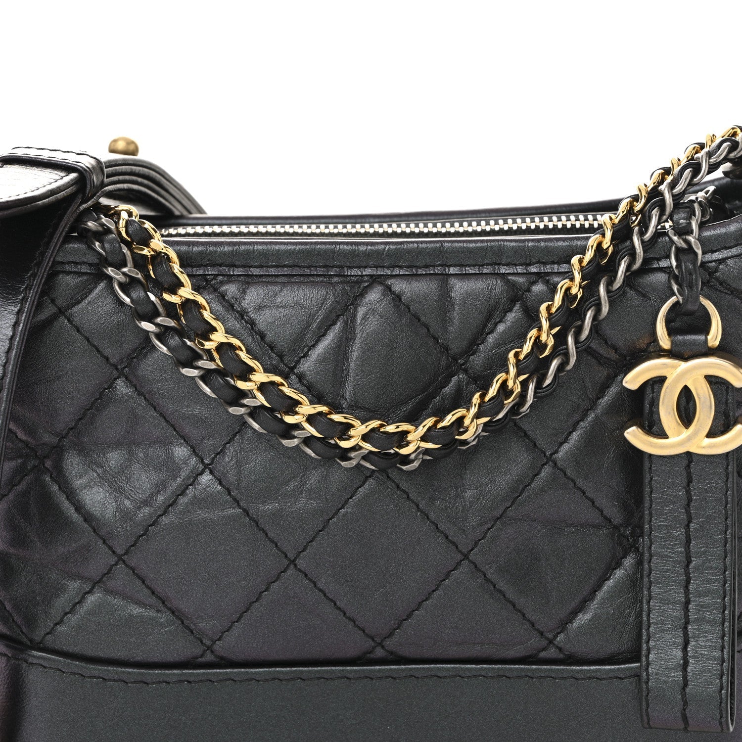 Iridescent Aged Calfskin Quilted Small Gabrielle Hobo Black