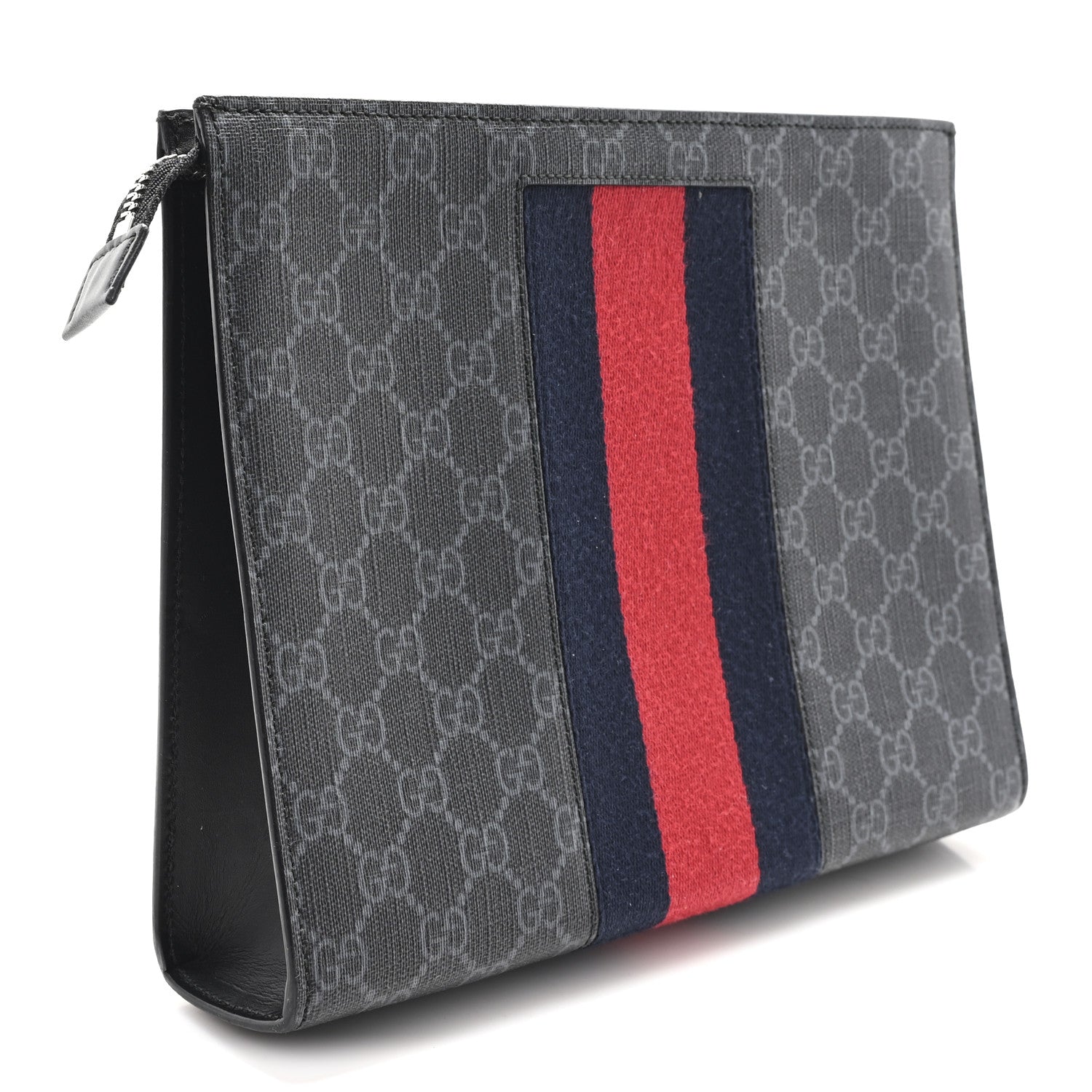 GG Supreme Monogram Selleria Calfskin Web New Web Cosmetic Case Black