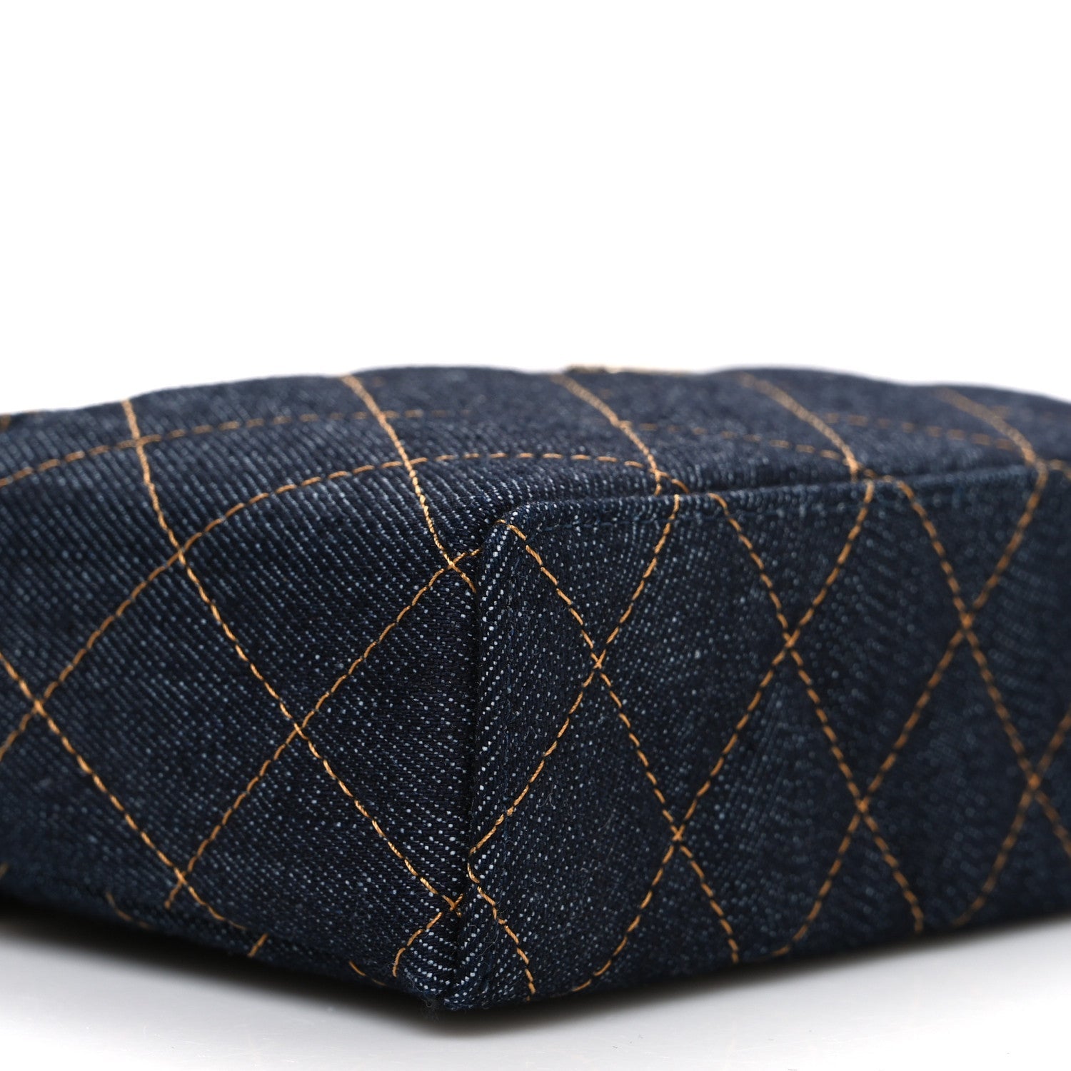 Denim Quilted Top Handle Slim Vanity Case With Chain Dark Blue Orange