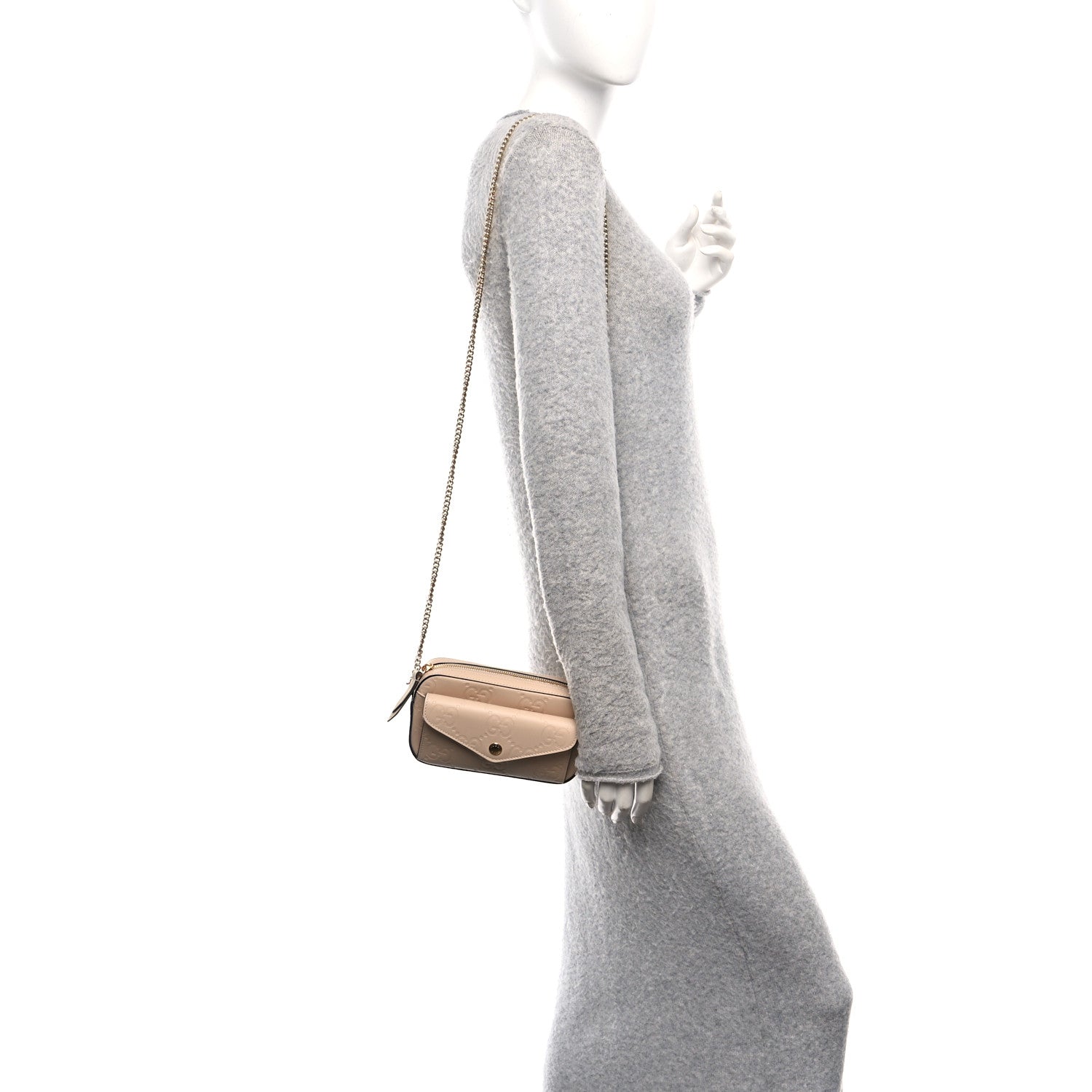 Calfskin GG Super Mini Debossed Chain Wallet Light Beige