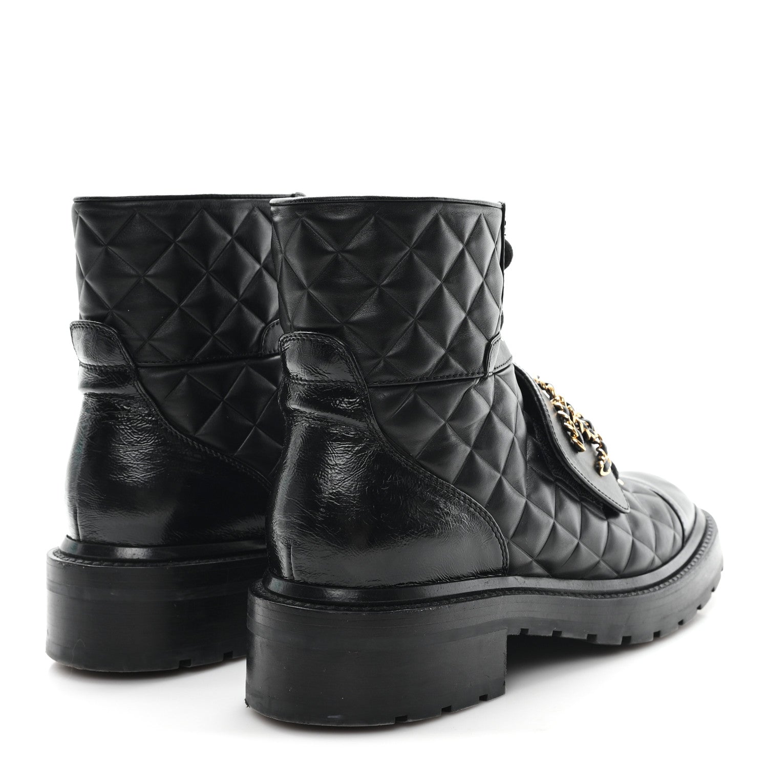 Shiny Calfskin Quilted Lace Up Combat Boots 38.5 Black