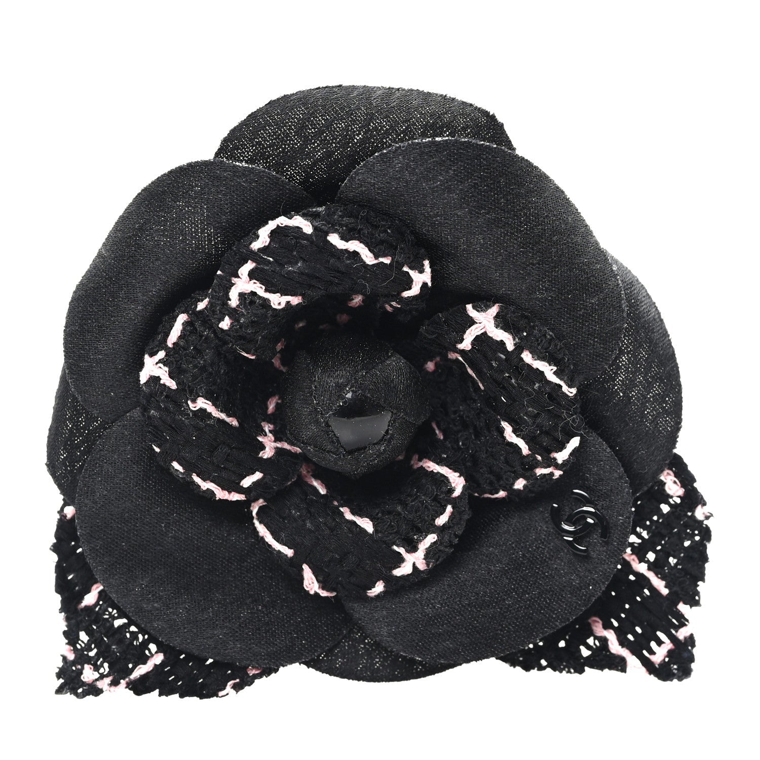 Tweed Camellia Pin Brooch Black Pink