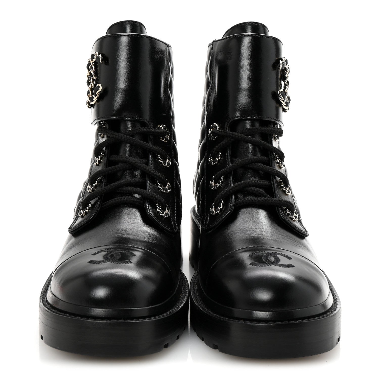 Shiny Lambskin Quilted Lace Up Combat Boots 39 Black