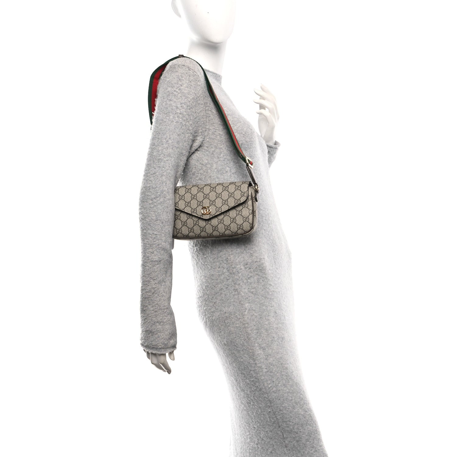GG Supreme Monogram Textured Dollar Calfskin Web Mini Ophidia Envelope Shoulder Bag Beige Ebony New Acero