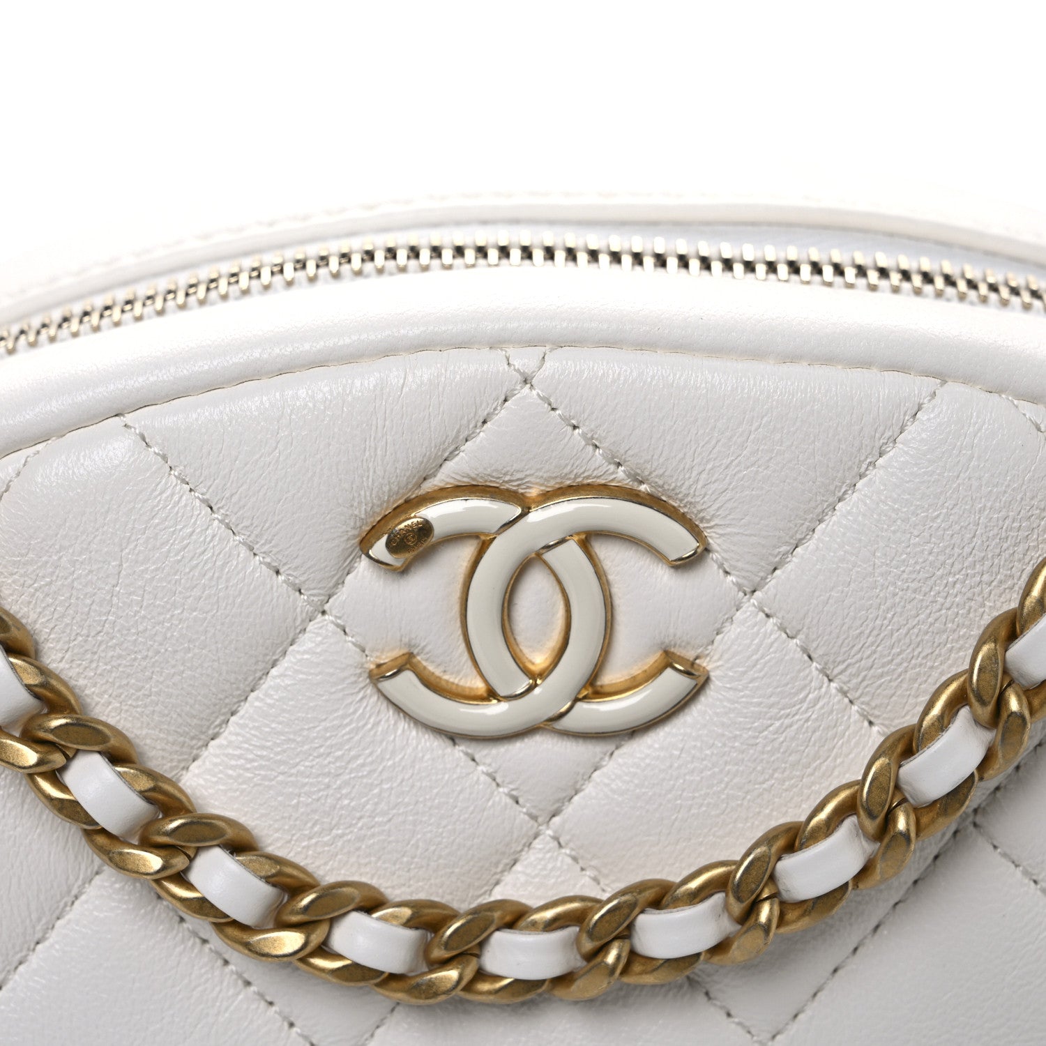 Lambskin Enamel Quilted Mini Clip Round Camera Case White