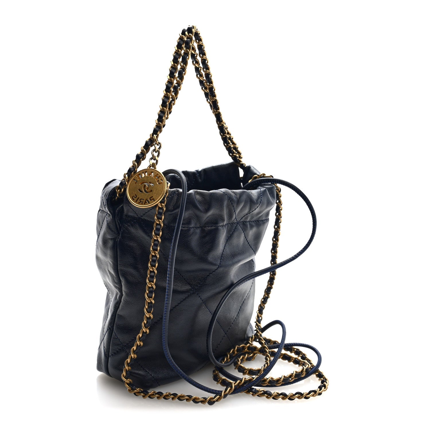 Shiny Calfskin Quilted Mini Chanel 22 Navy Blue