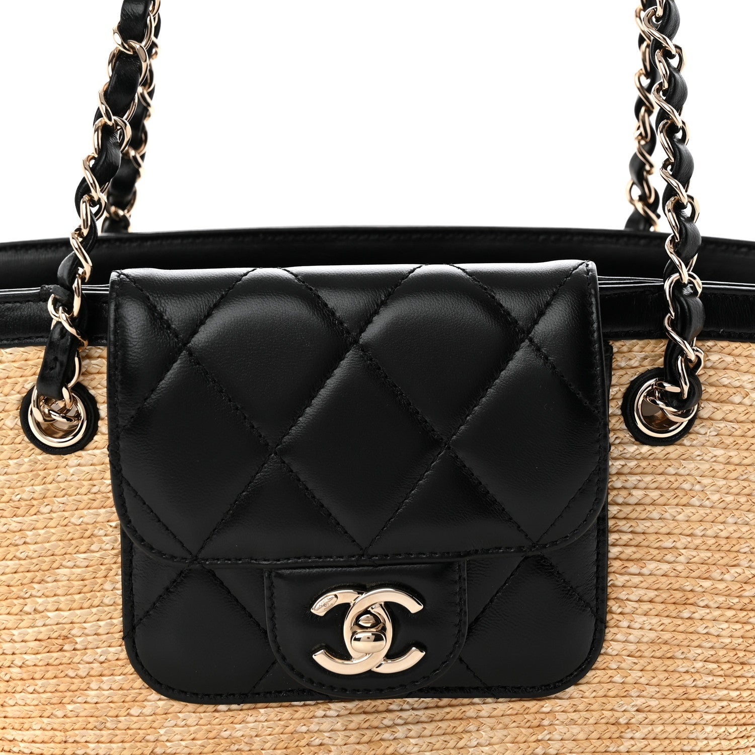 Raffia Braided Lambskin Small Shopping Tote Beige Black
