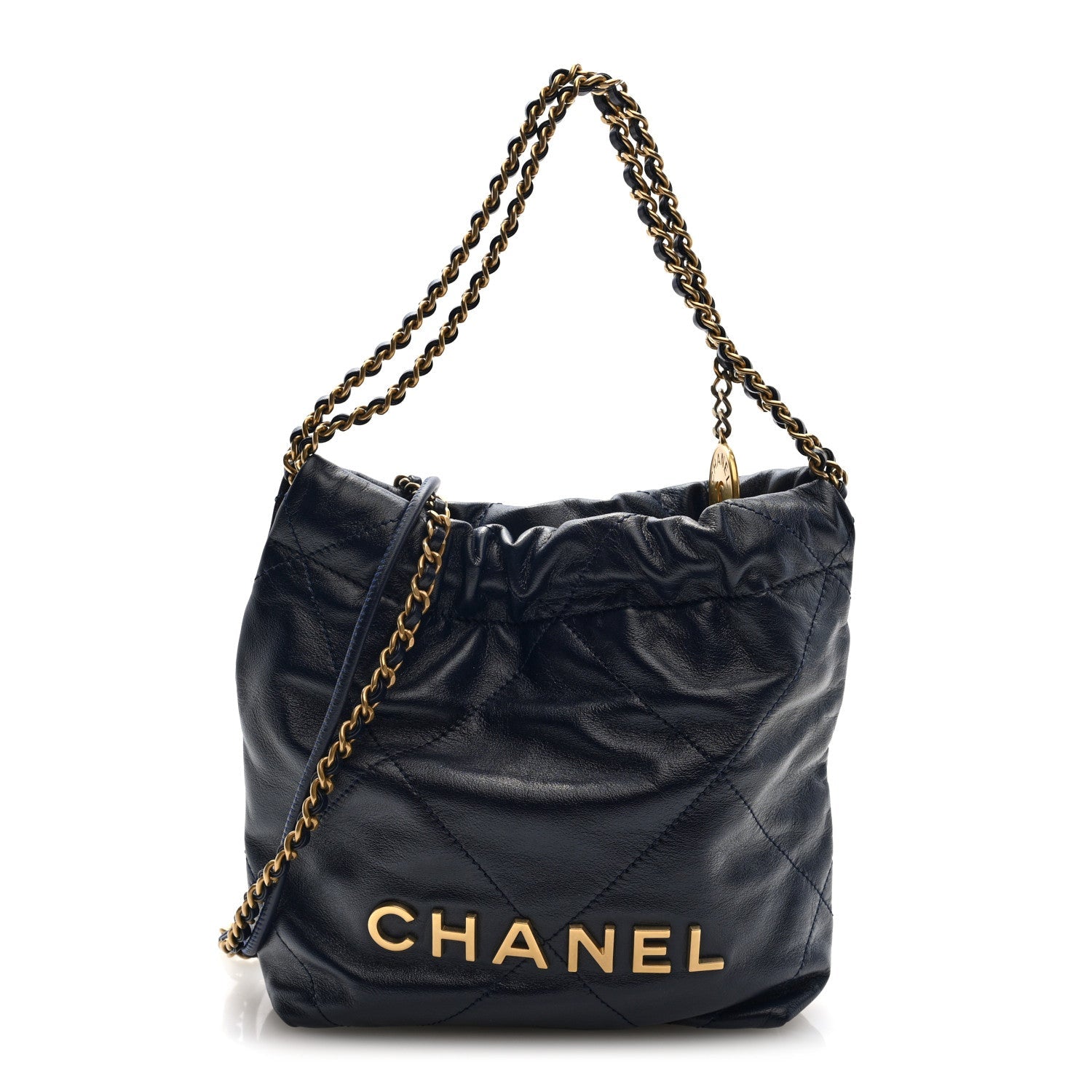 Shiny Calfskin Quilted Mini Chanel 22 Navy Blue