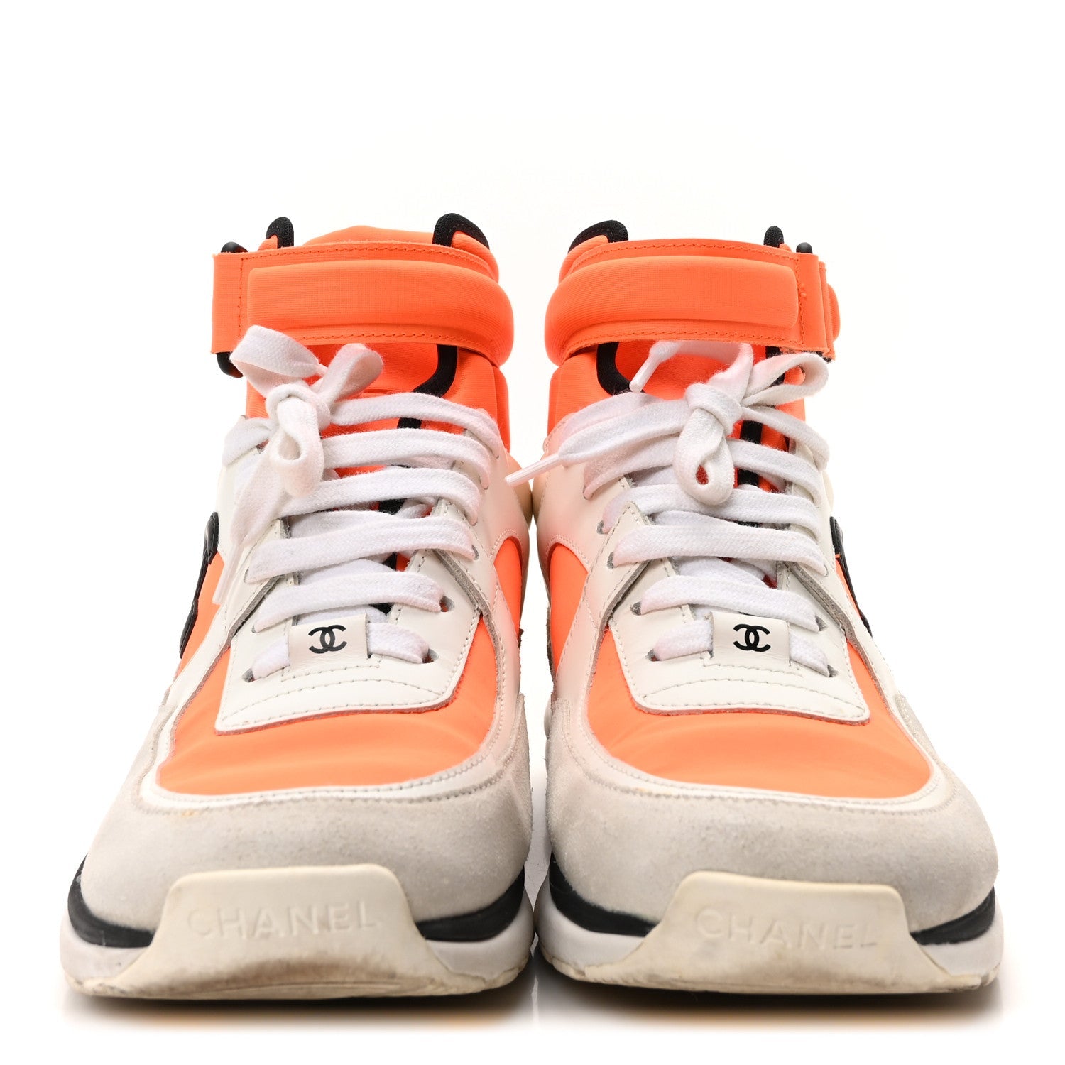 Suede Calfskin Lambskin Neoprene High Top CC Sneakers 36.5 White Fluo Orange
