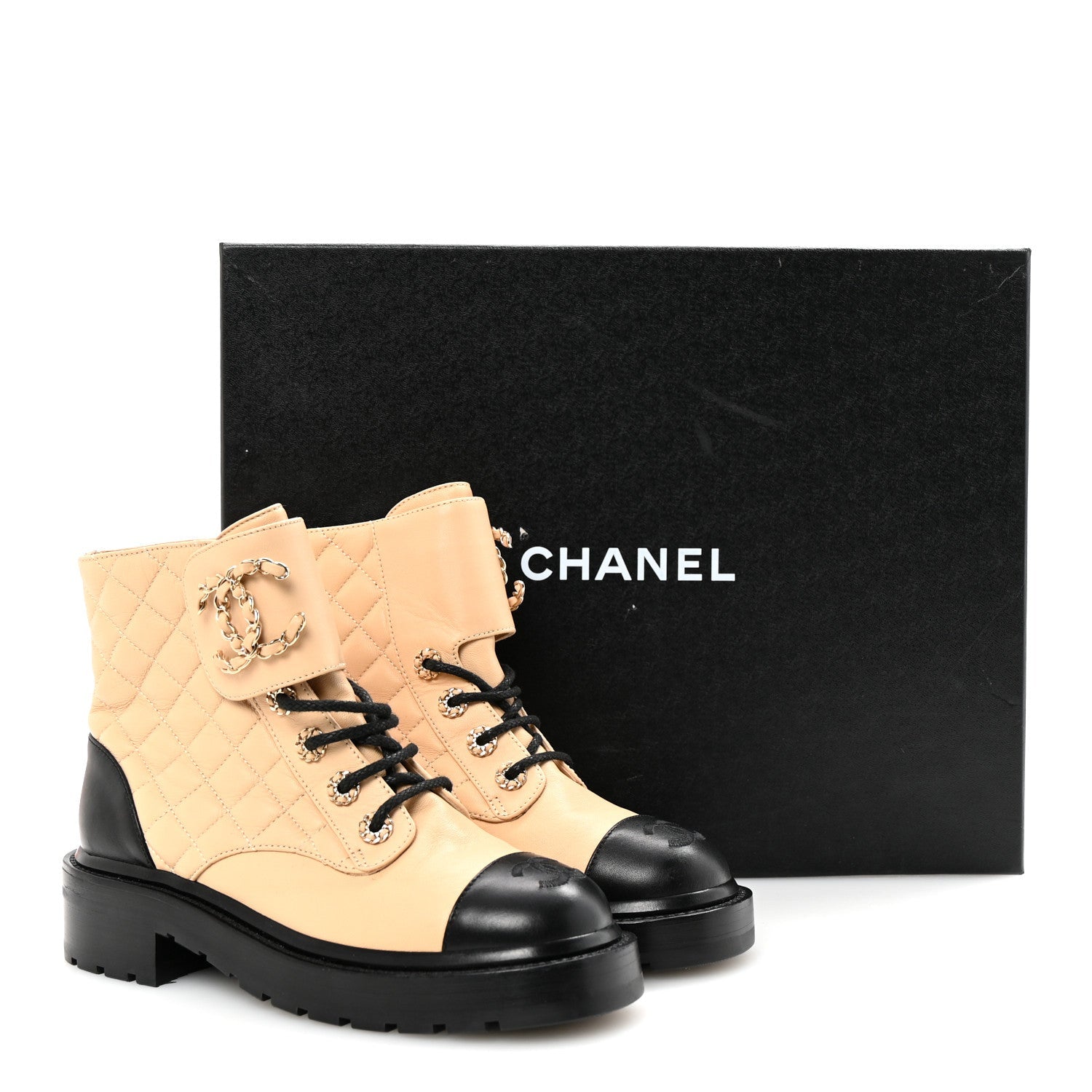 Lambskin Calfskin Quilted Lace Up Combat Boots 35.5 Beige Black