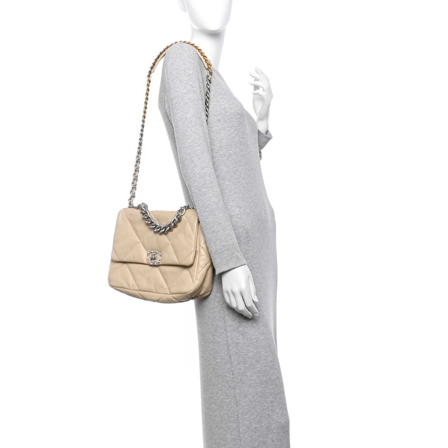 Lambskin Quilted Large Chanel 19 Flap Beige