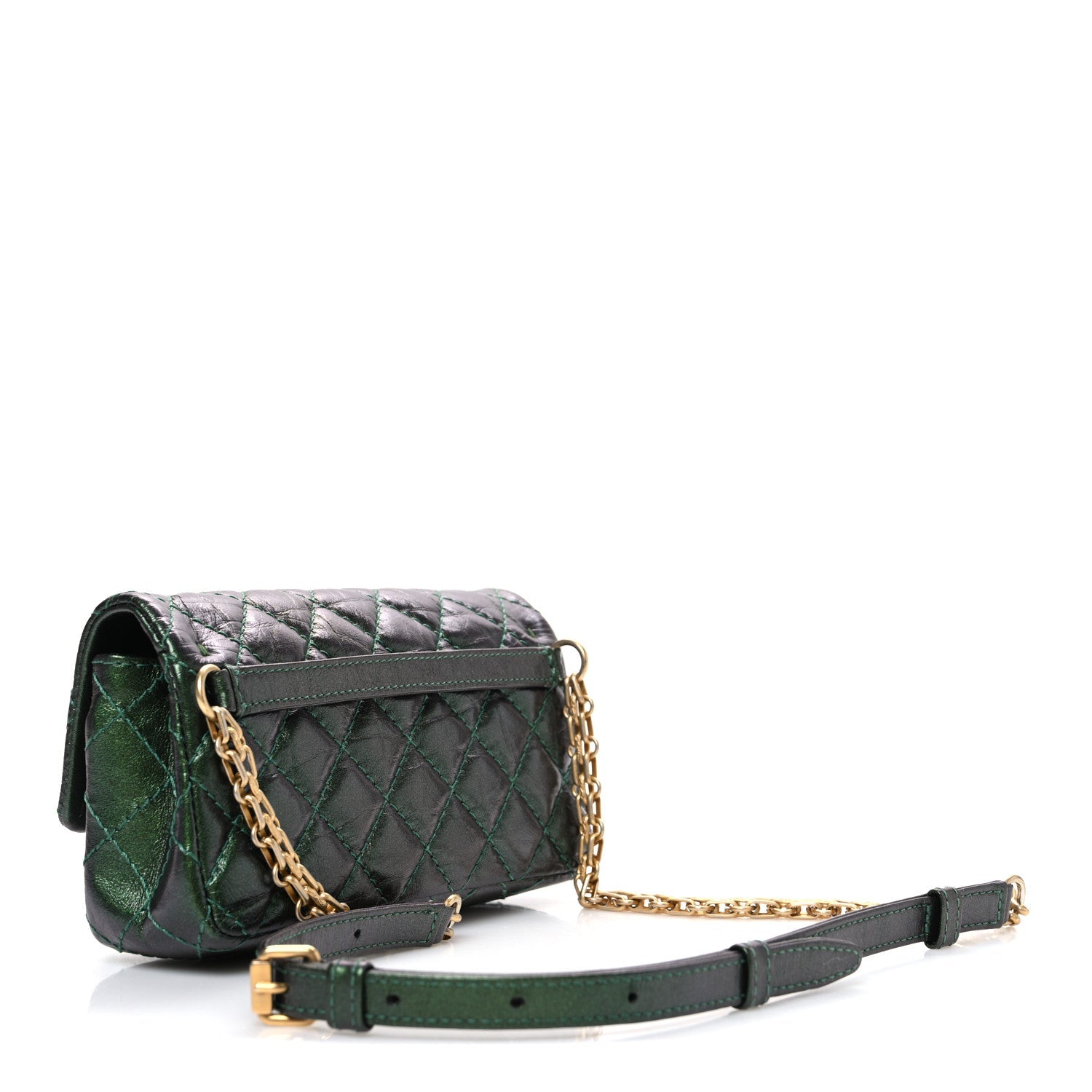 Metallic Aged Calfskin Quilted 2.55 Reissue Flap Belt Bag Clutch Green