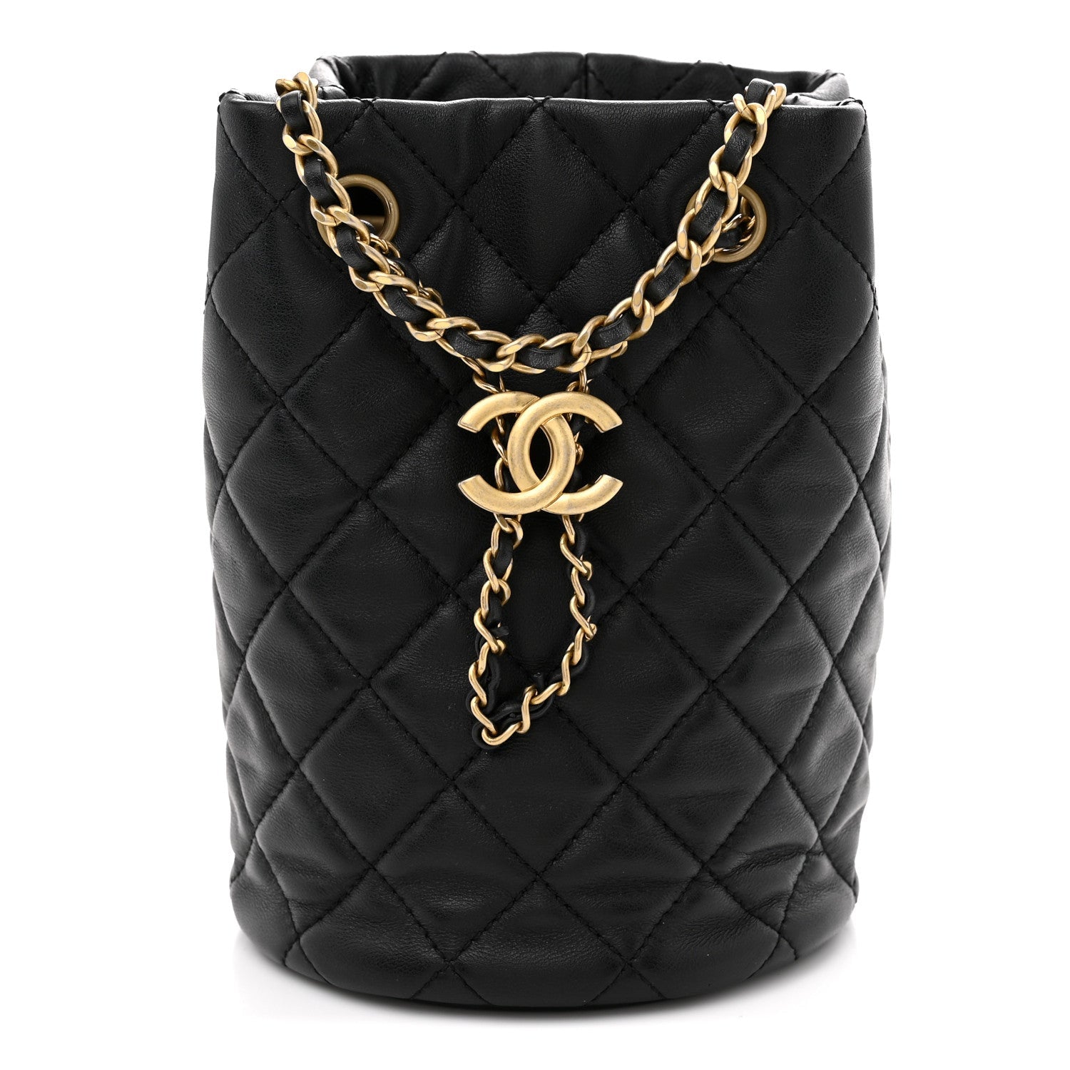 Lambskin Quilted Small Pearl Crush Bucket Bag Black