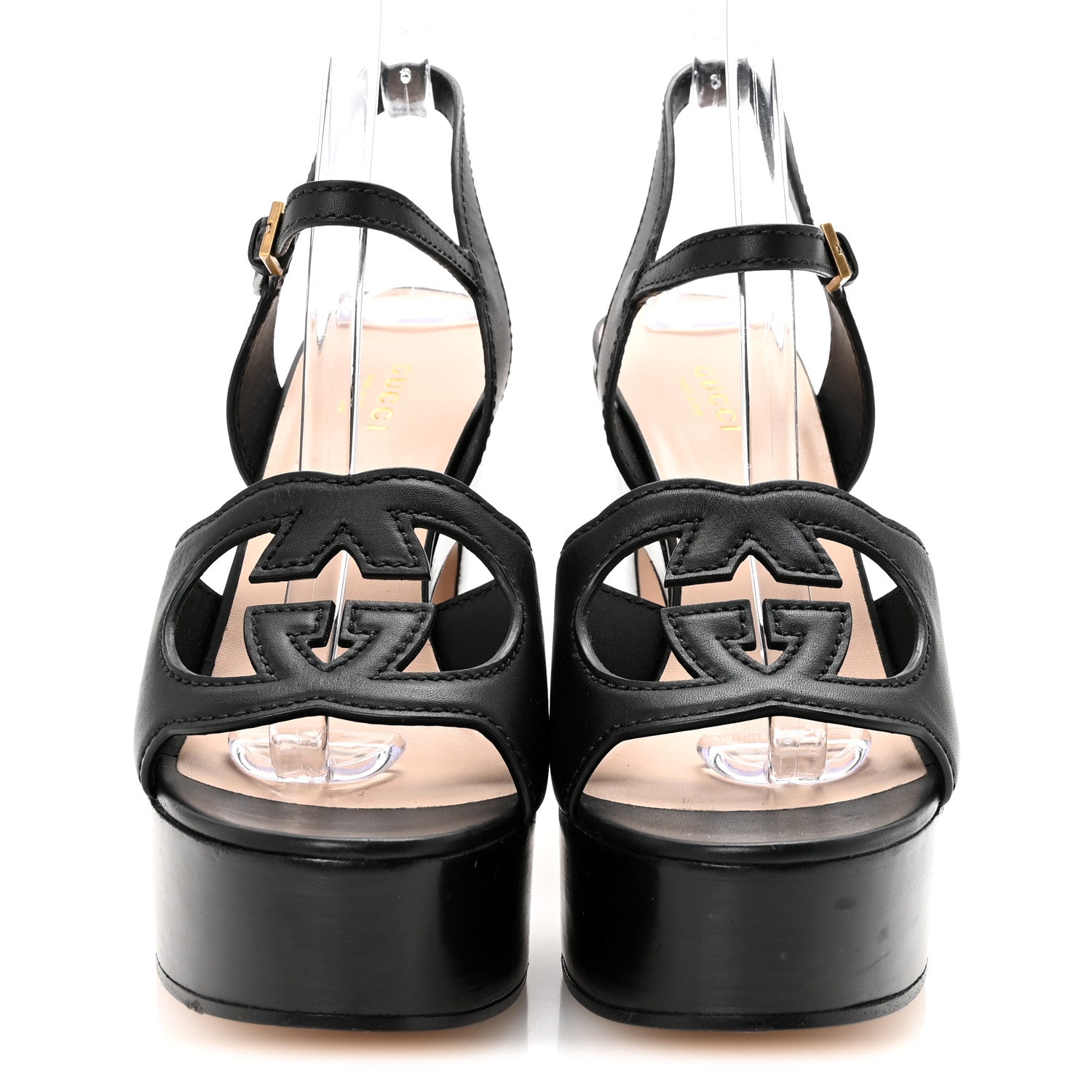 Cosmos Softy Calfskin Wooden Interlocking G Cut-Out 30/120mm Platform Sandals 39.5 Black