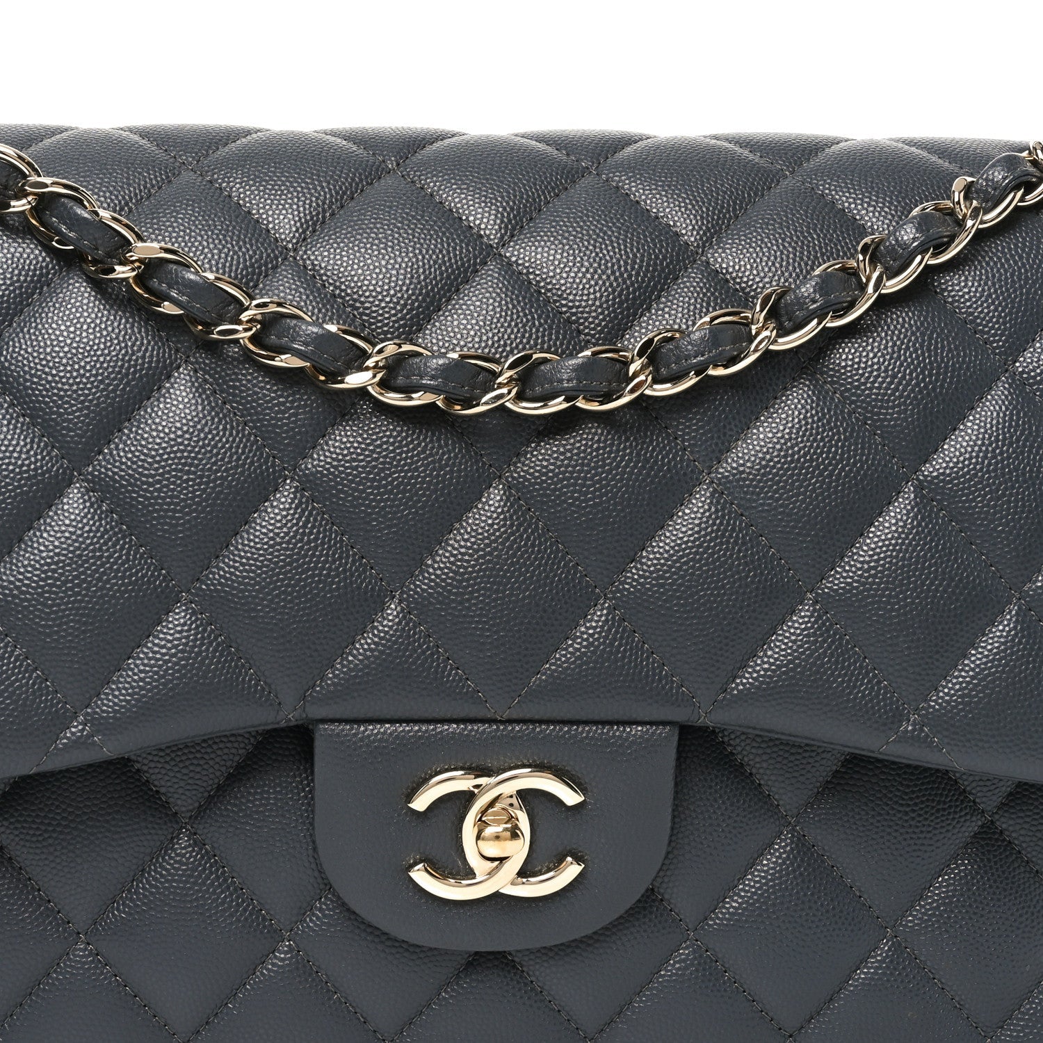 Caviar Quilted Jumbo Double Flap Dark Grey