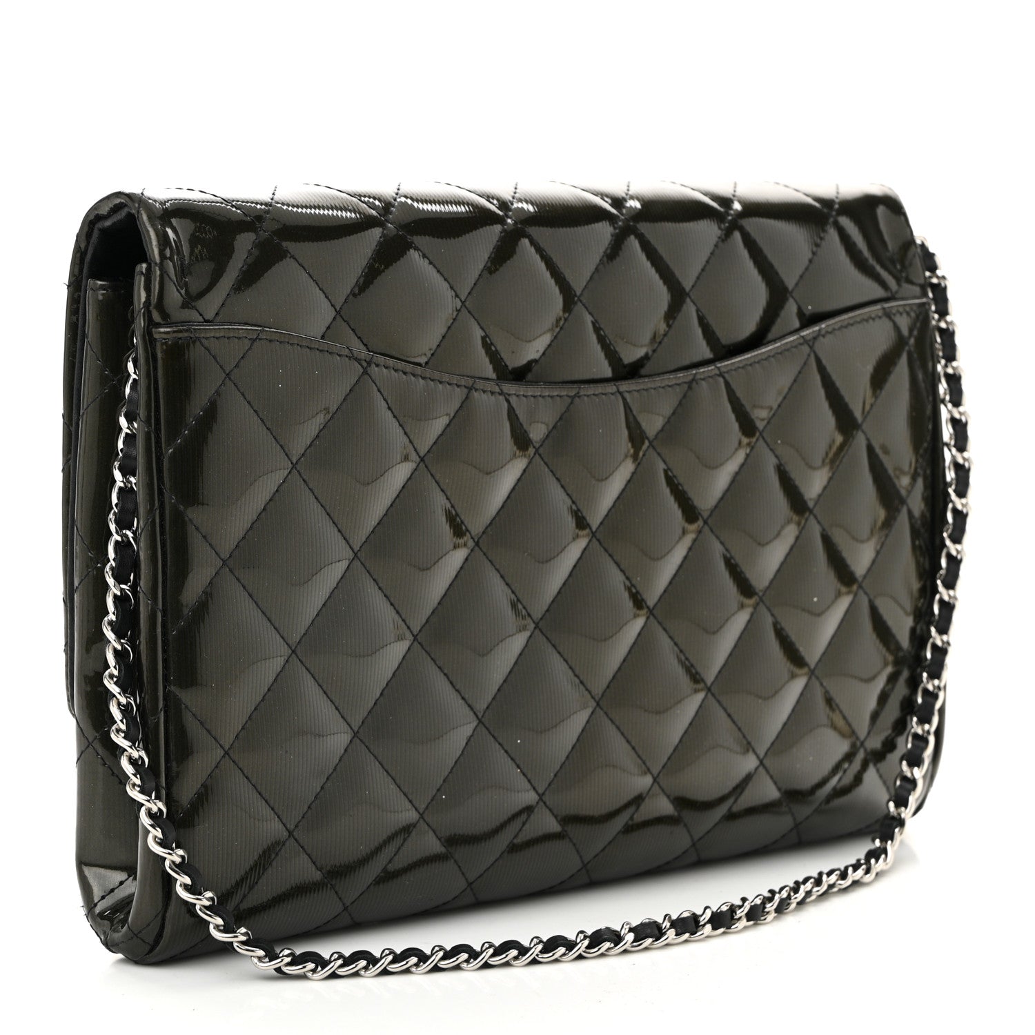 Striated Patent Quilted Clutch With Chain Flap Dark Grey