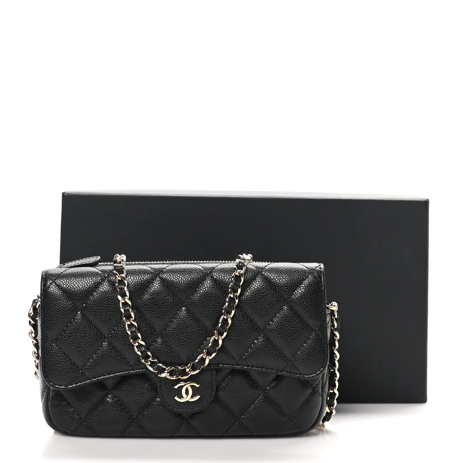 Caviar Quilted Flap Phone Holder With Chain Black