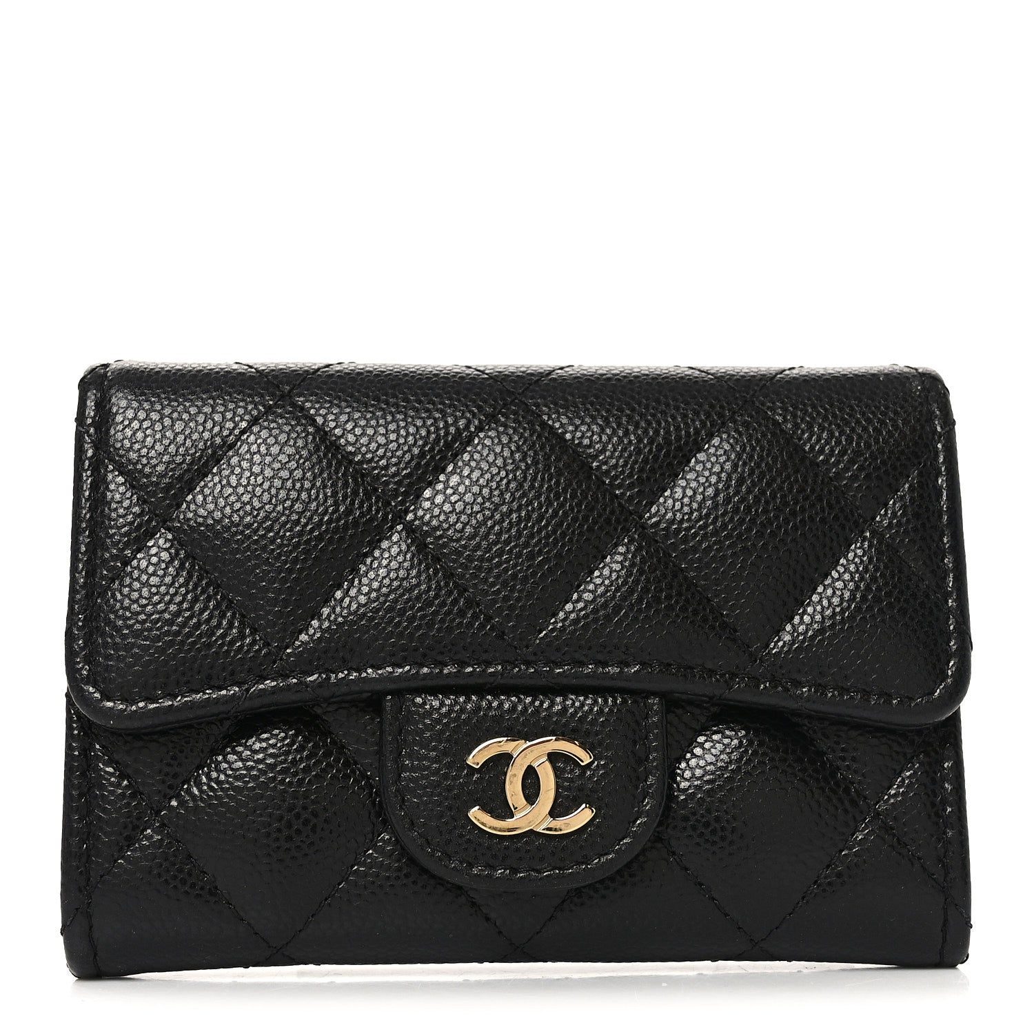 Caviar Quilted Flap Card Holder Wallet Black