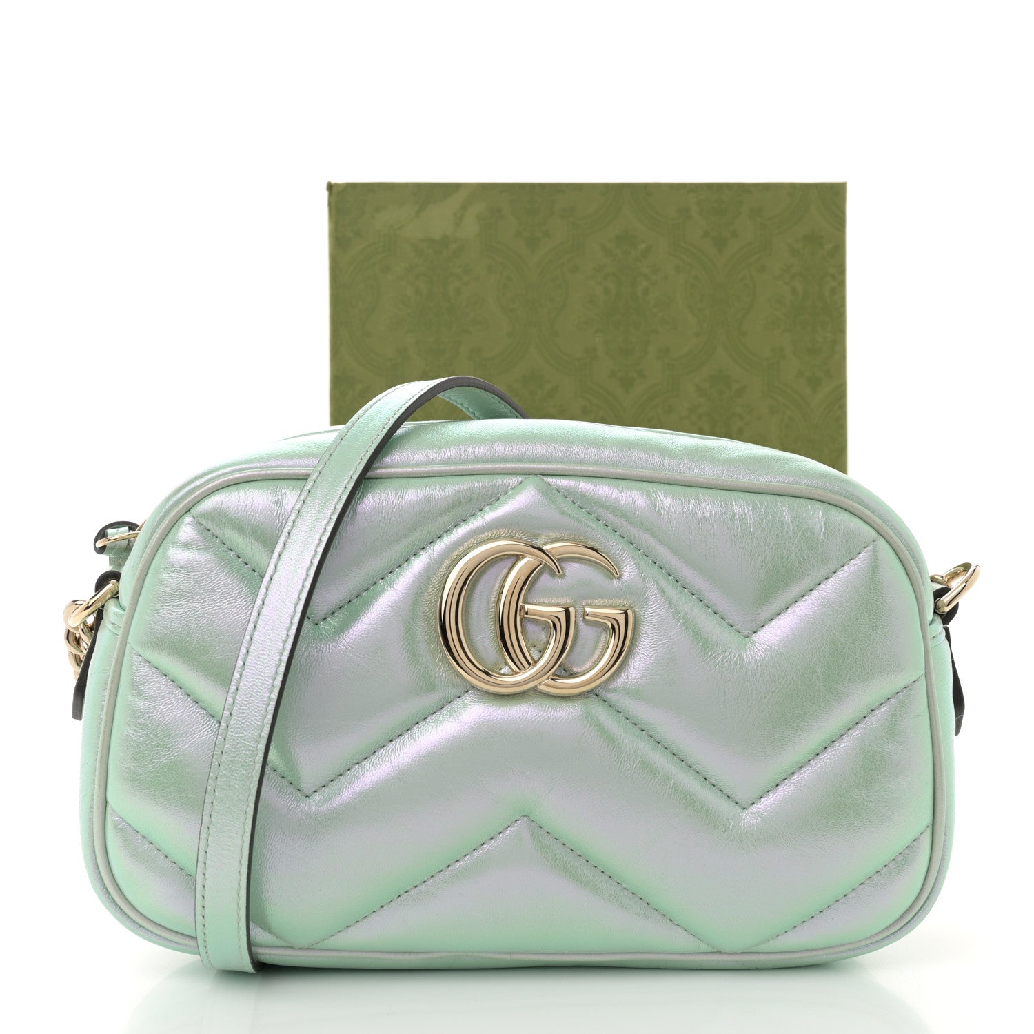 Iridescent Nappa Chevron Matelasse Small GG Marmont Chain Shoulder Bag Iridescent Salvy Green