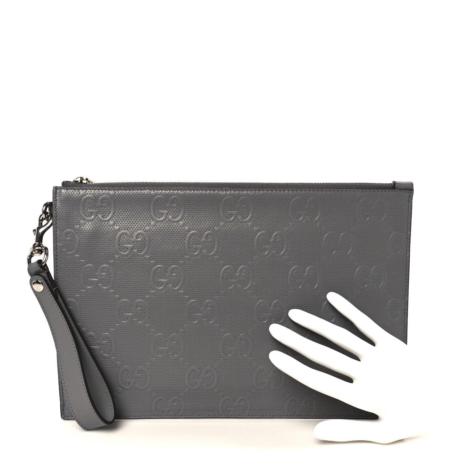 Calfskin GG Tennis Embossed Wristlet Pouch Grey