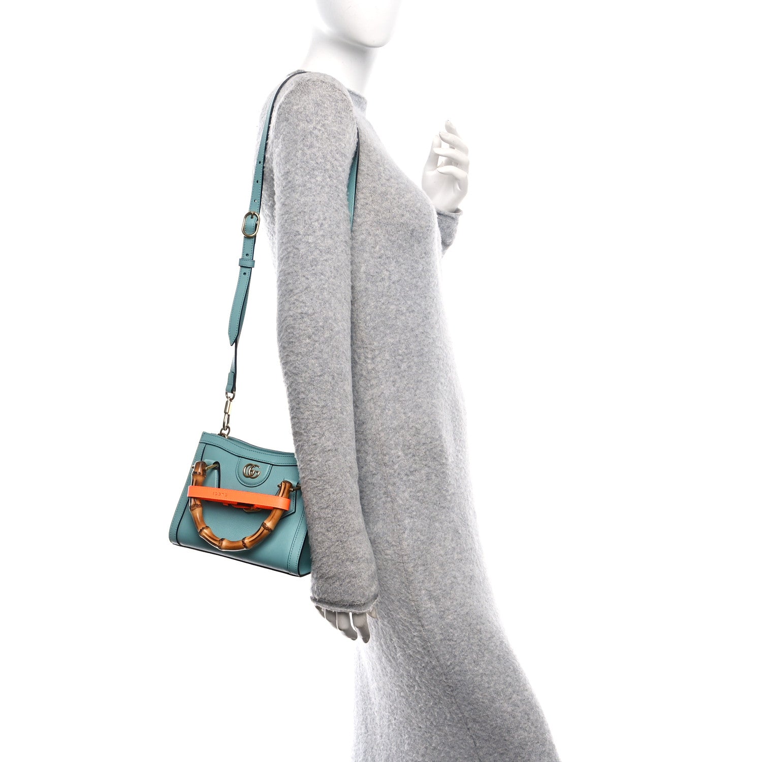 Textured Dollar Calfskin Web Mini Diana Tote Bag Dusty Azure Deep Orange