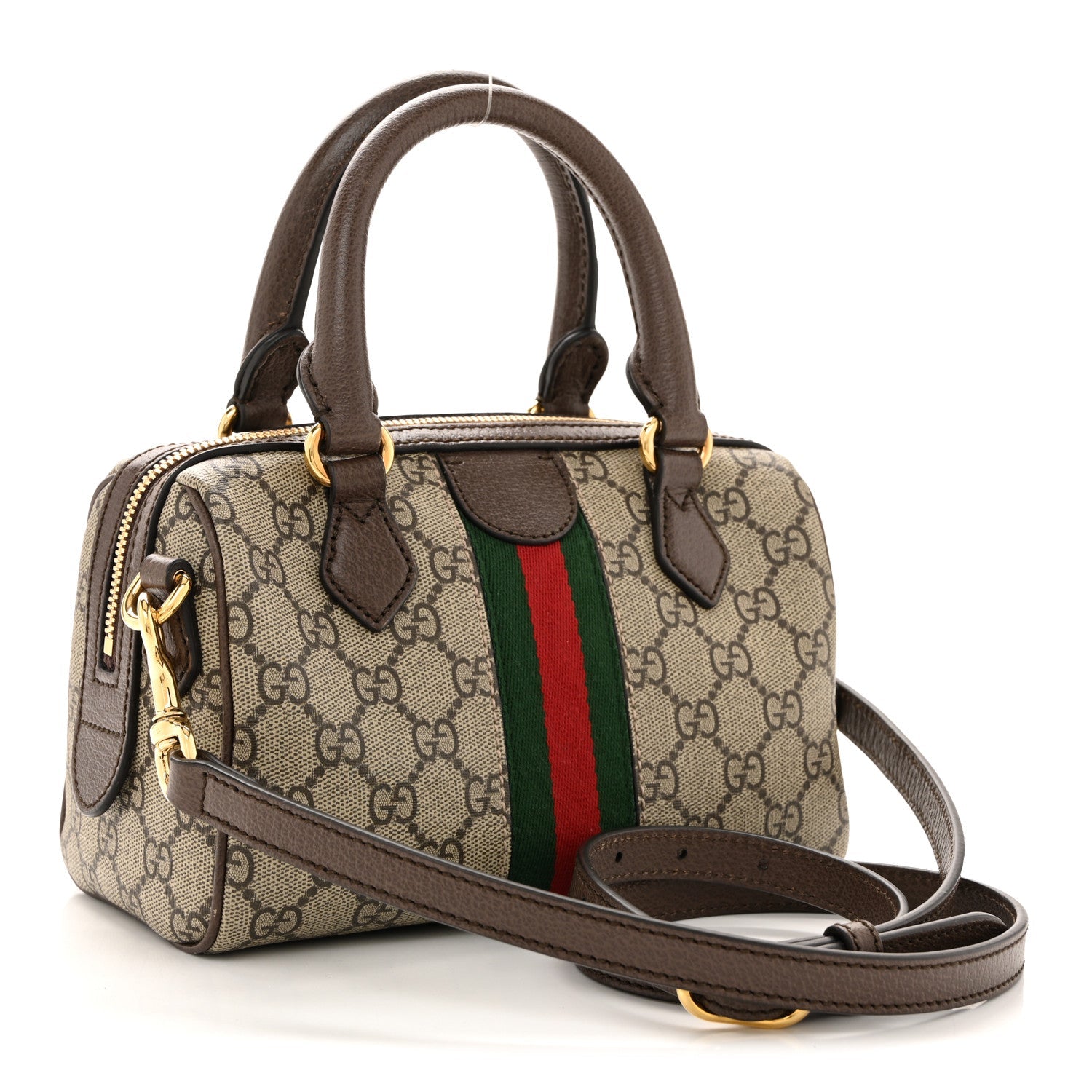 GG Supreme Monogram Textured Dollar Calfskin Web Mini Ophidia Top Handle Bag Beige Ebony New Acero