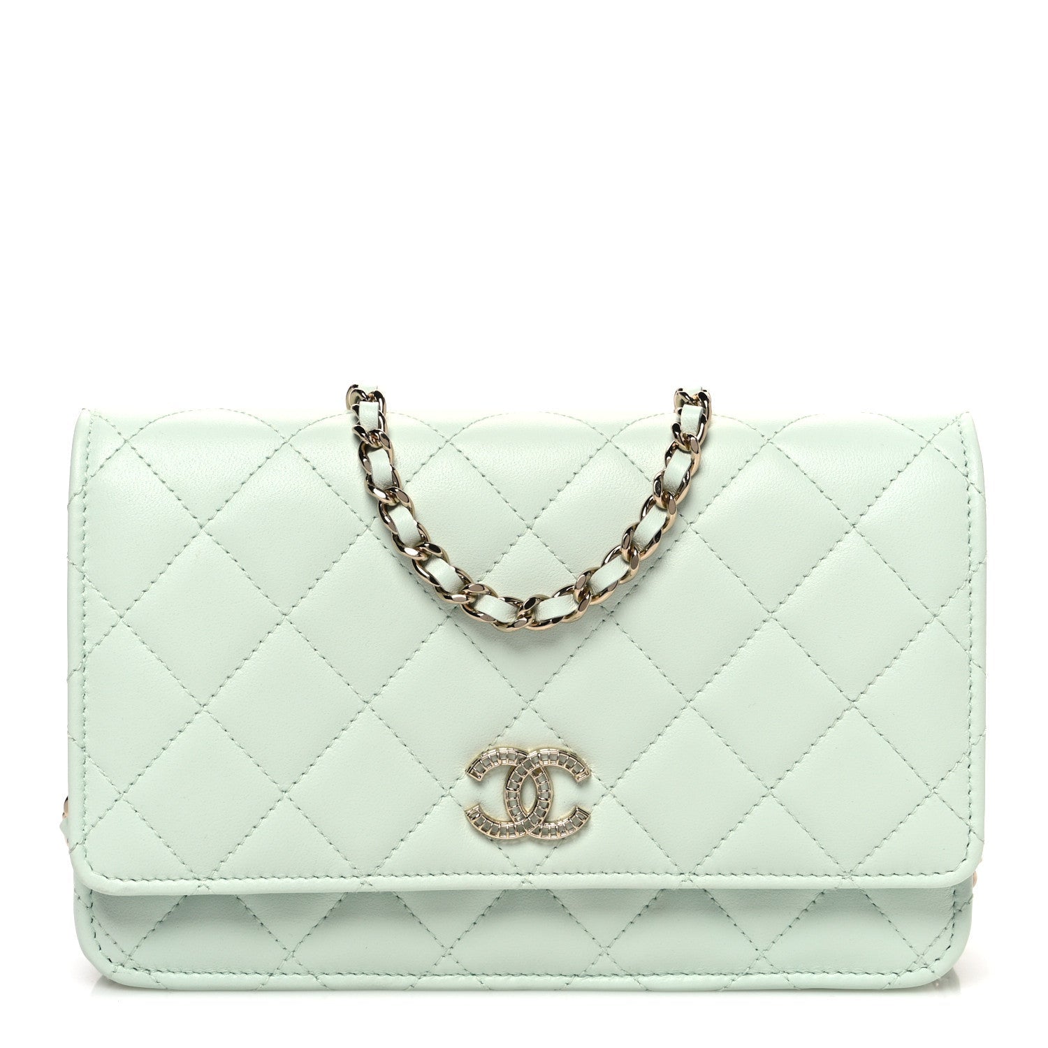 Lambskin Quilted Textured CC Wallet On Chain WOC Light Green