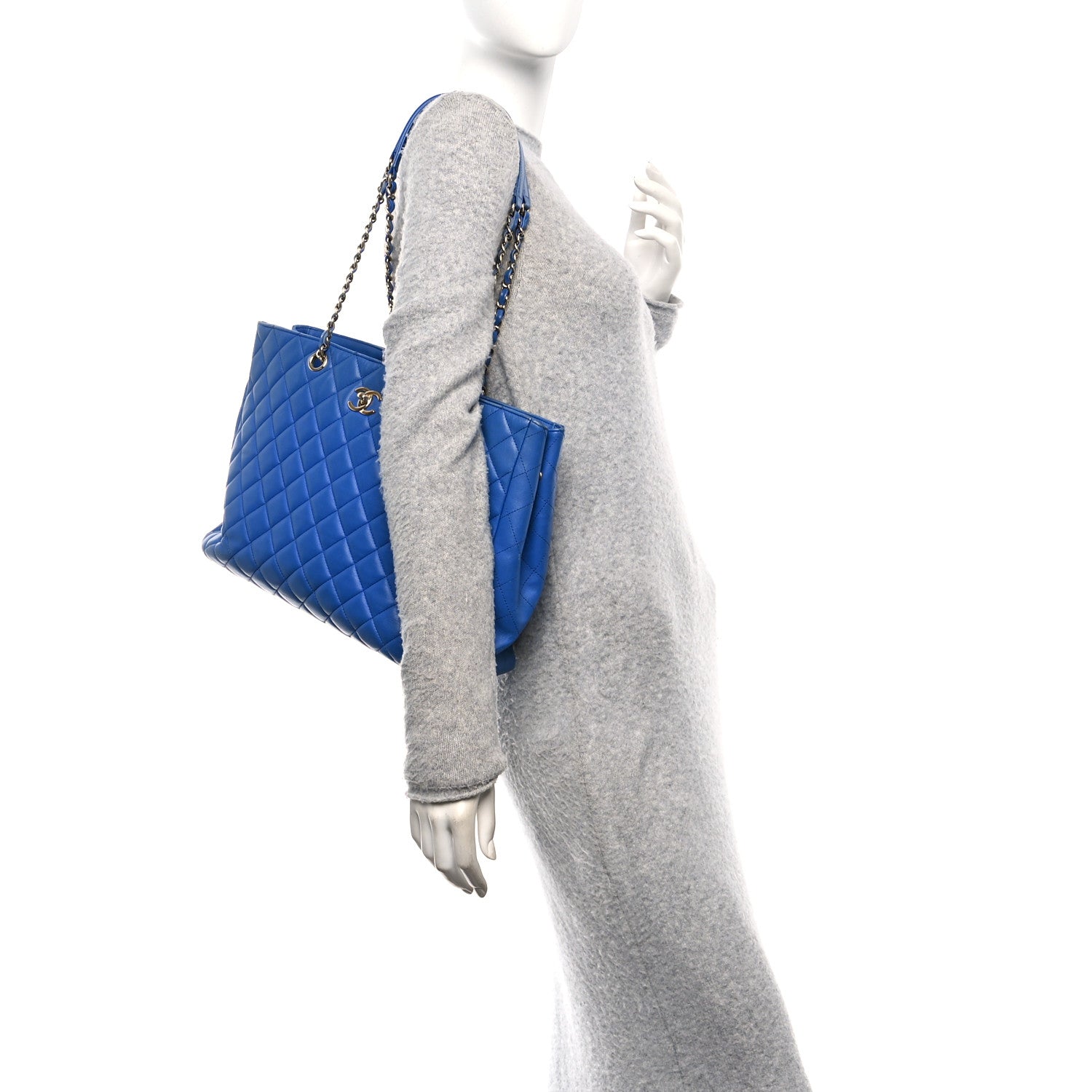 Calfskin Quilted Large CC Shopping Tote Blue