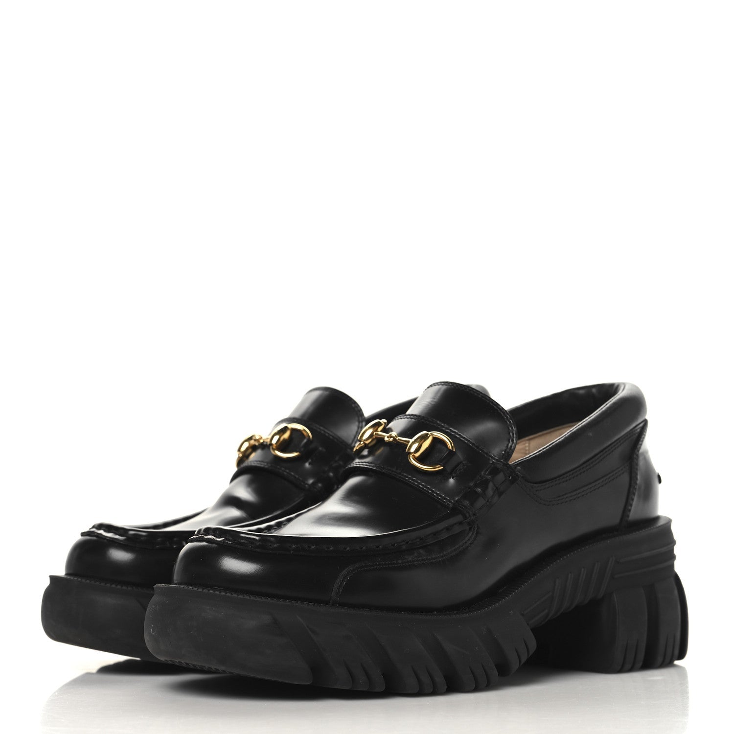 Magnum Calfskin Nappa Samoa Womens Horsebit Platform Chunky Lug Sole 40mm Loafers 38.5  Black