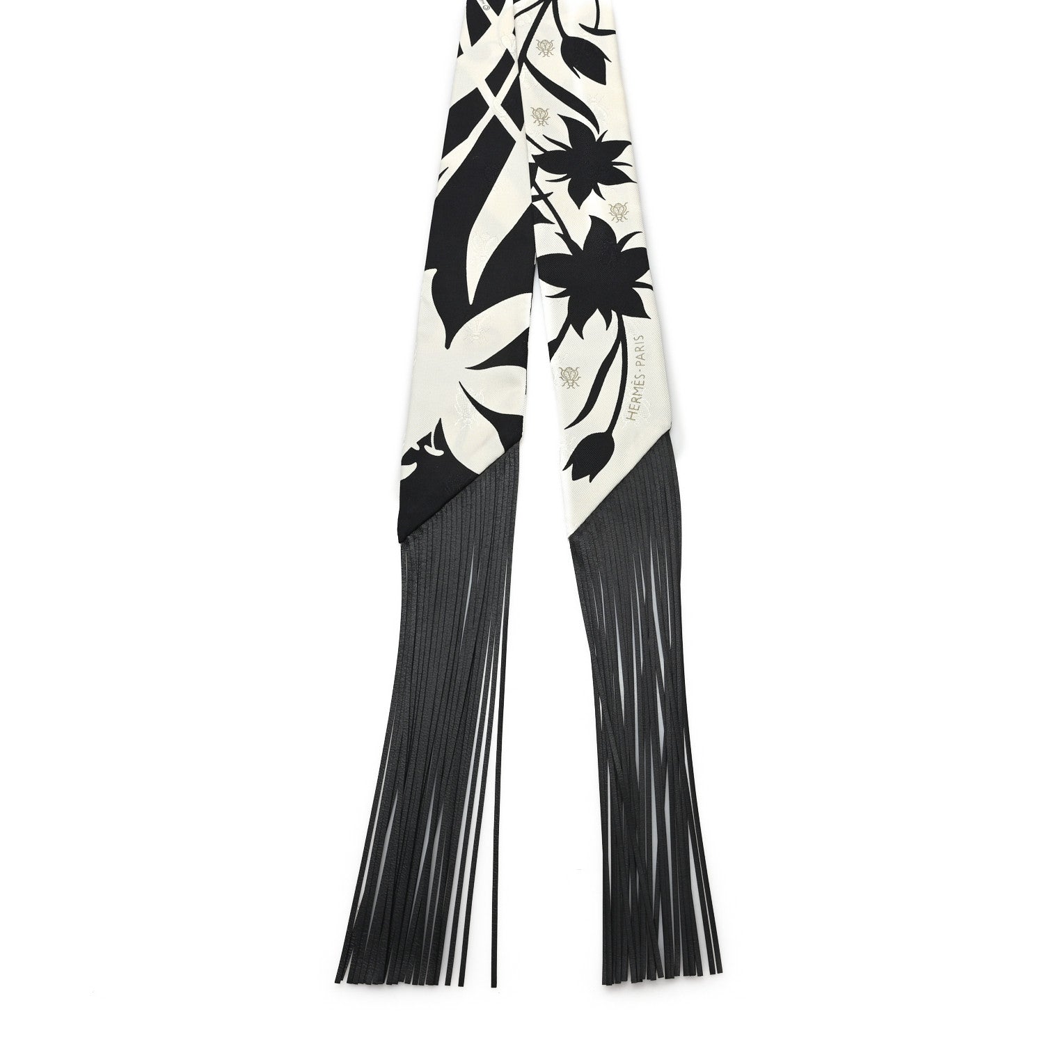 Silk Calfskin Bouquet Final Fringed Twilly Creme Black