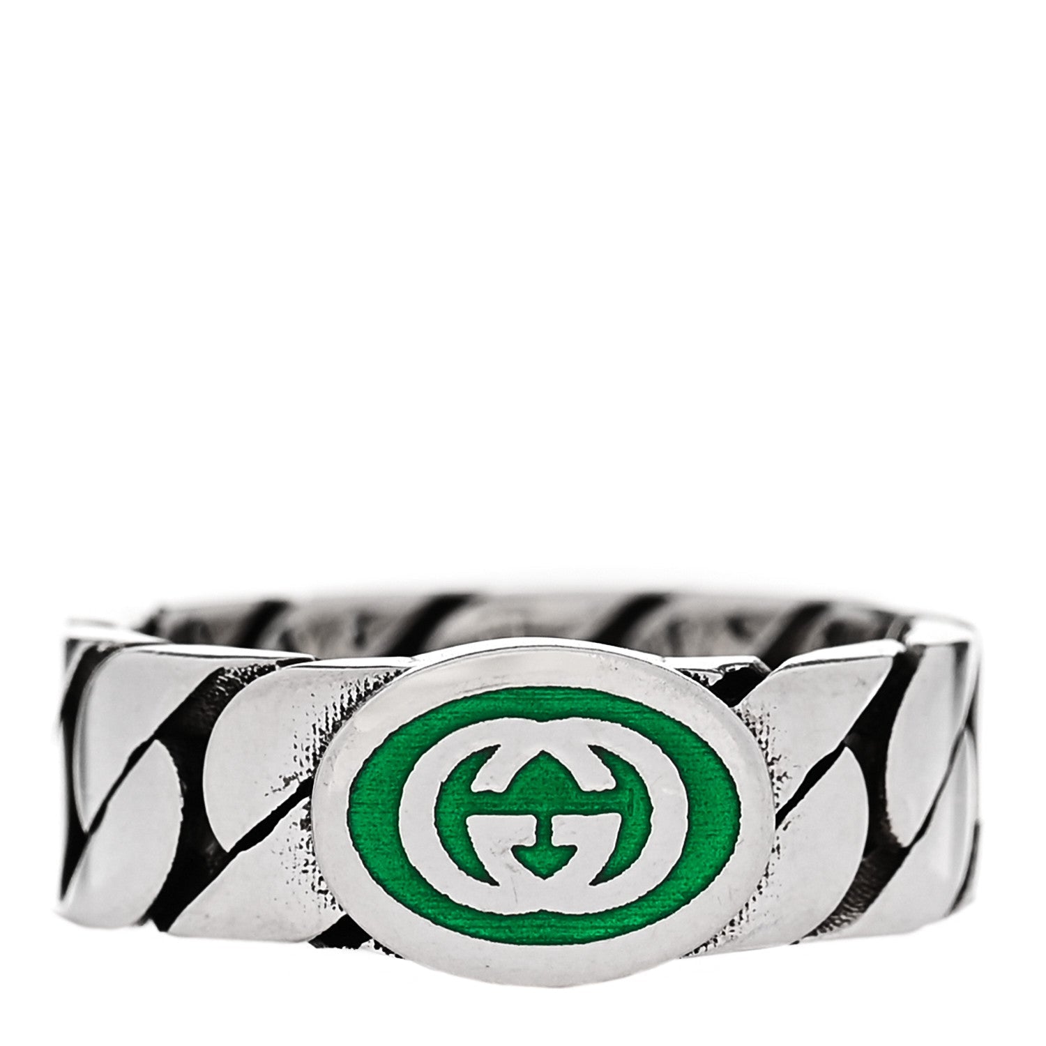 Sterling Silver Enamel Interlocking G Chain Ring 51 5.75 Green