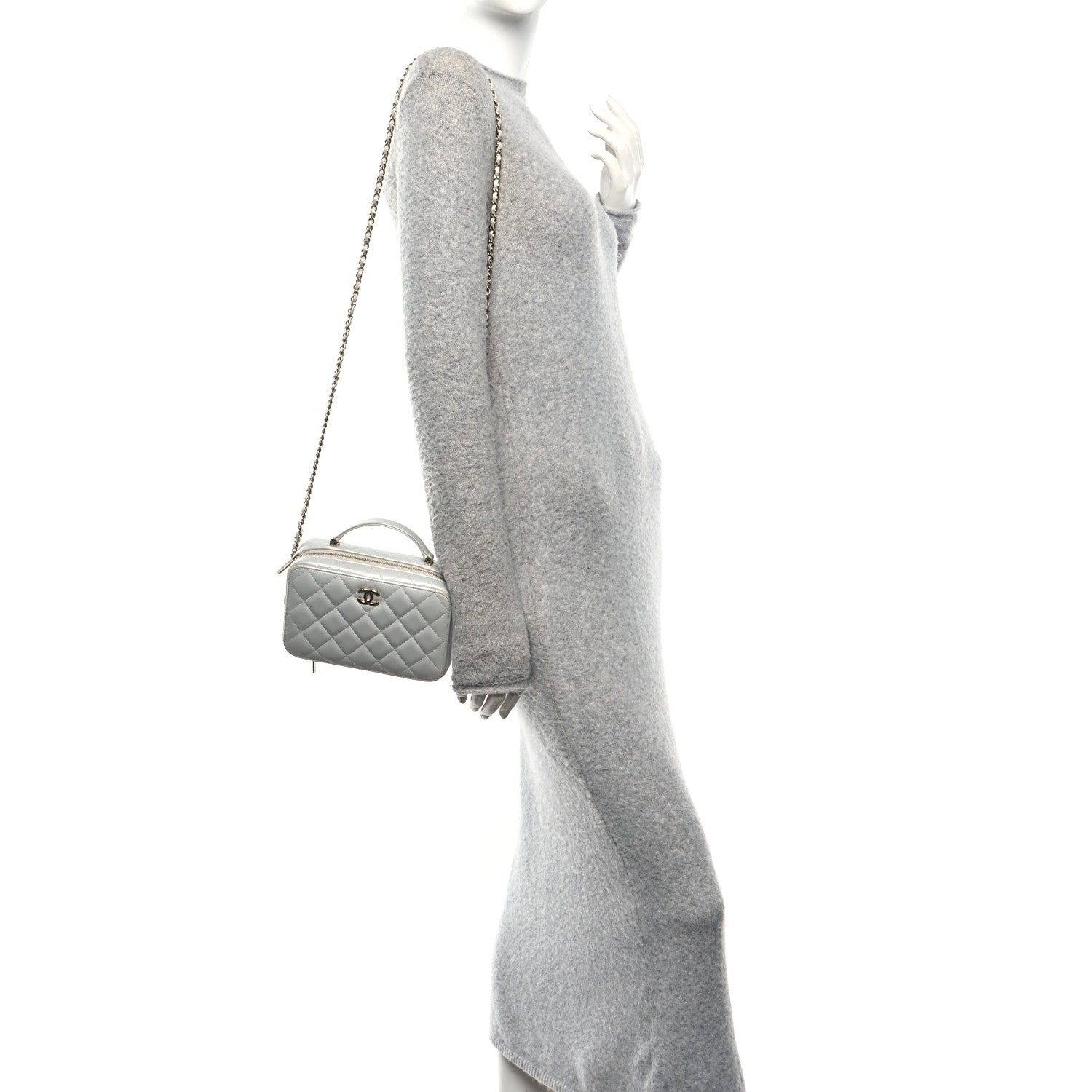 Metallic Lambskin Quilted Top Handle Vanity Case Silver