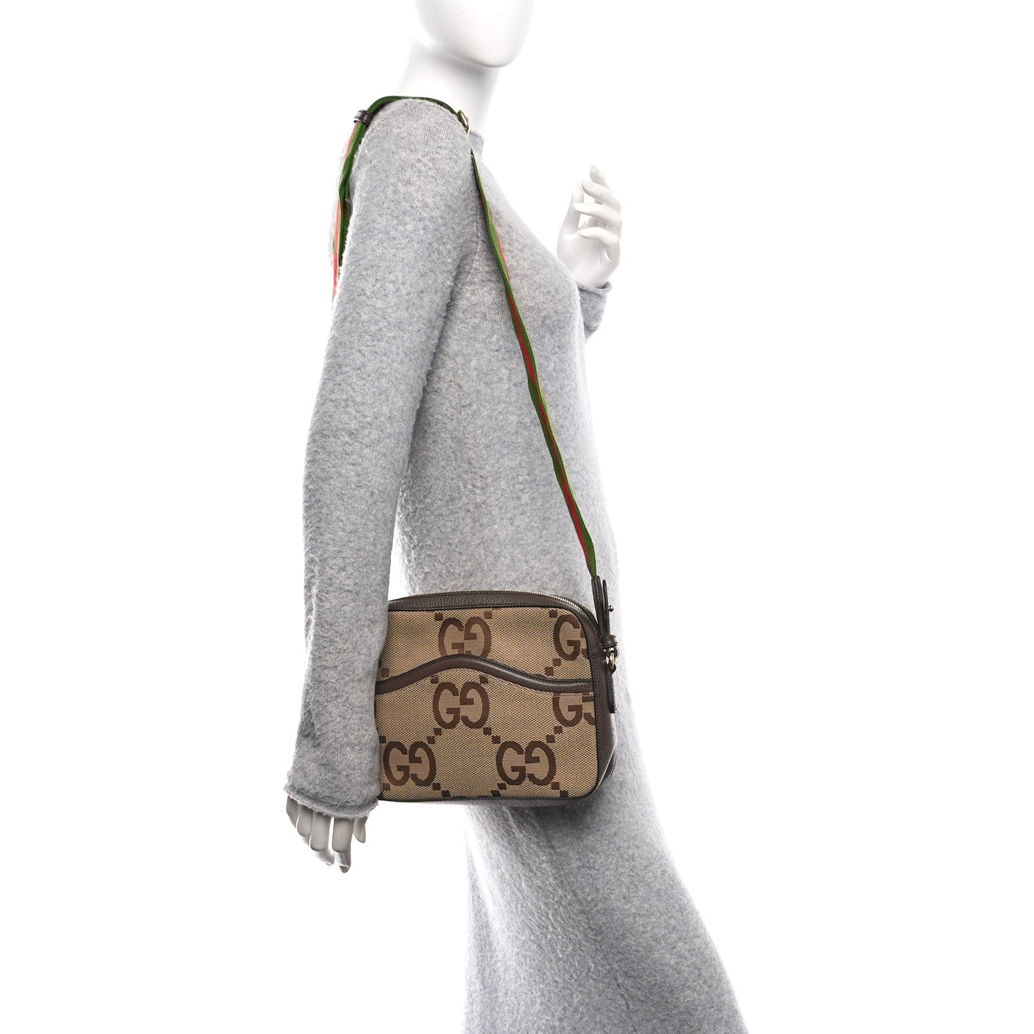 Monogram Jumbo GG Textured Dollar Calfskin Web Messenger Shoulder Bag Camel Ebony New Acero